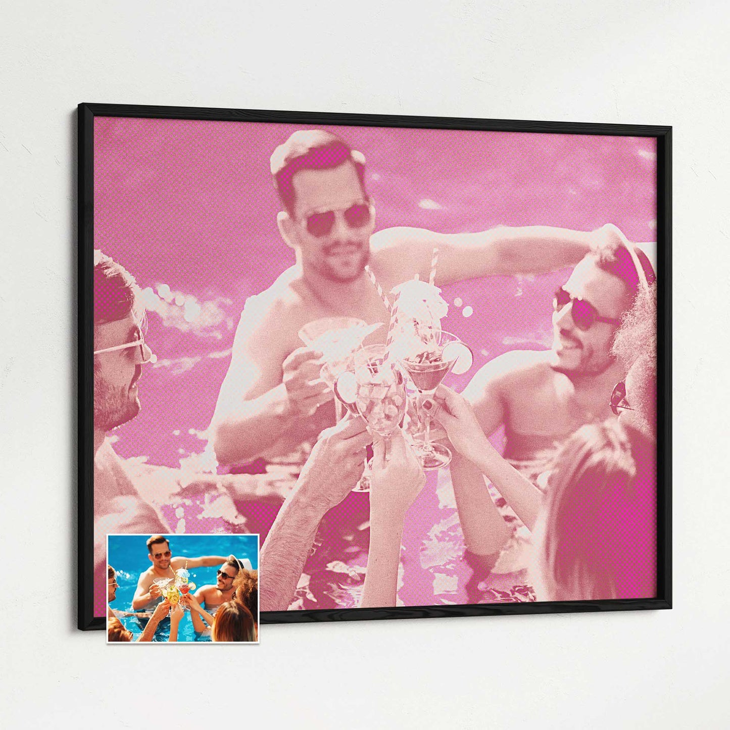 Experience the lively energy of the Personalised Pink Pop Art Framed Print, inspired by the iconic pop art style. The halftone effect and vivid colors create a cool and vibrant aesthetic that instantly elevates any space, print from photo