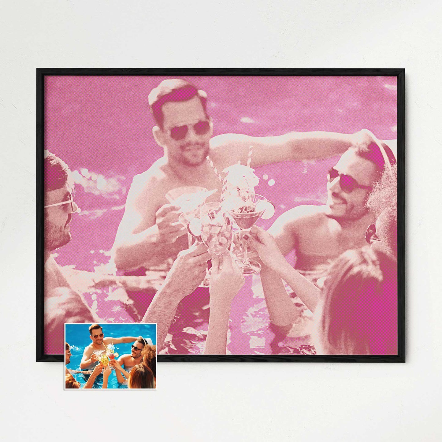 Transform your space with the Personalised Pink Pop Art Framed Print, a cool and vibrant piece inspired by pop art. Its halftone effect and vivid colors create a lively and exciting atmosphere. Crafted with a wooden frame and gallery-quality