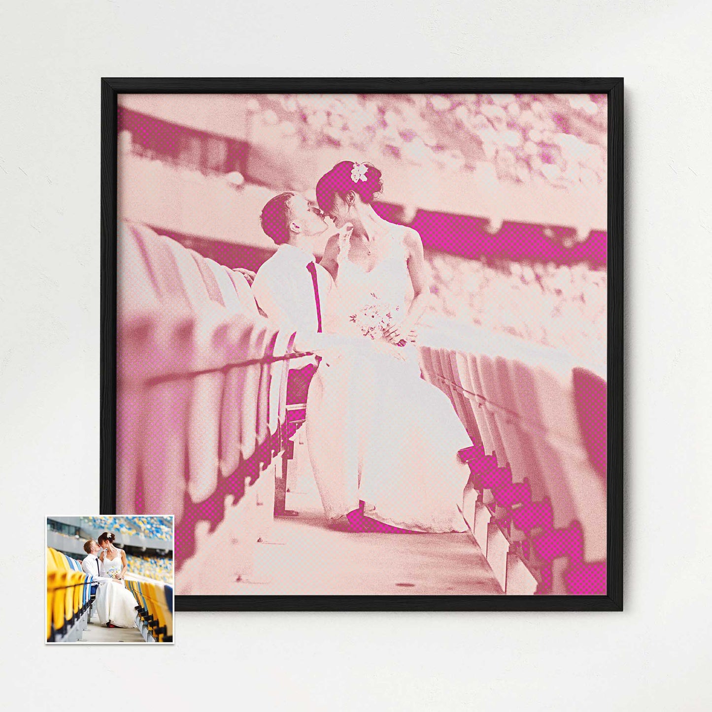 The Personalised Pink Pop Art Framed Print is a vibrant and exciting addition to your home decor. Its pop art style, combined with a halftone effect, creates a cool and vivid aesthetic. Crafted with a wooden frame and printed on gallery-quality