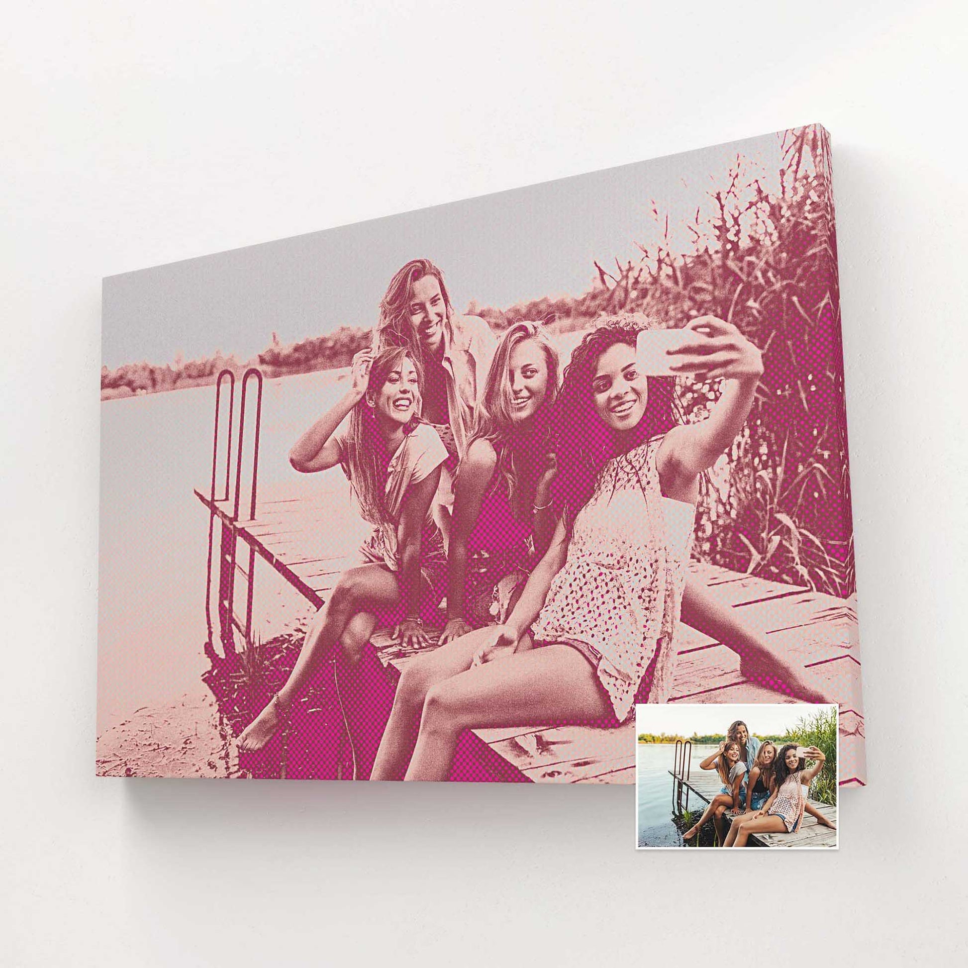 Make a splash with our Personalised Pink Pop Art Canvas. Bursting with vibrant colors and a cool, trendy vibe, it's the epitome of hip and unique decor. Handcrafted with a halftone texture and personalized print, bespoke canvas 