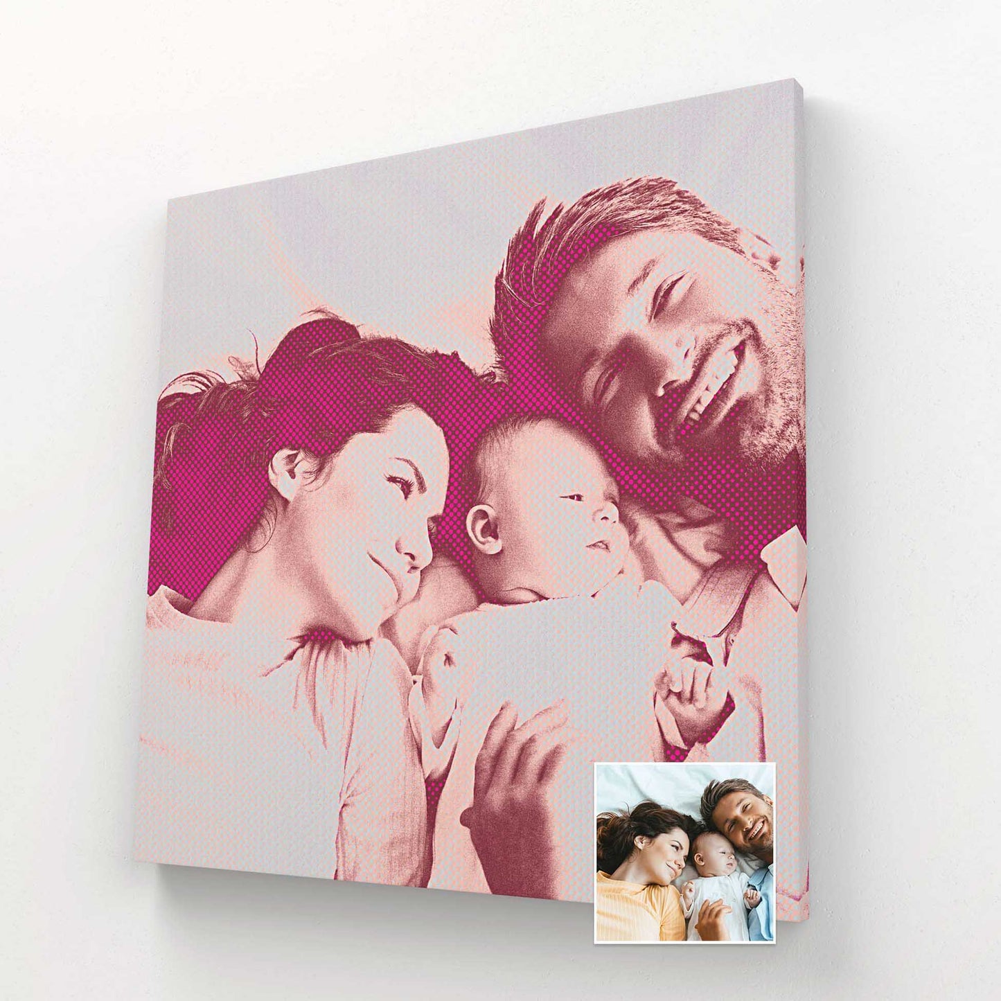 Add a touch of artistic flair to your space with our Personalised Pink Pop Art Canvas. Vibrant and bright, it's the epitome of cool and trendy decor. With a unique halftone texture and print from your photo, bespoke handmade canvas 