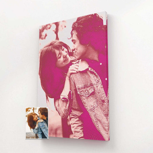 Elevate your decor with our Personalised Pink Pop Art Canvas. Its vibrant and bright colors create a cool and trendy statement piece, perfect for those who appreciate hip and unique art. With a halftone texture and custom print 