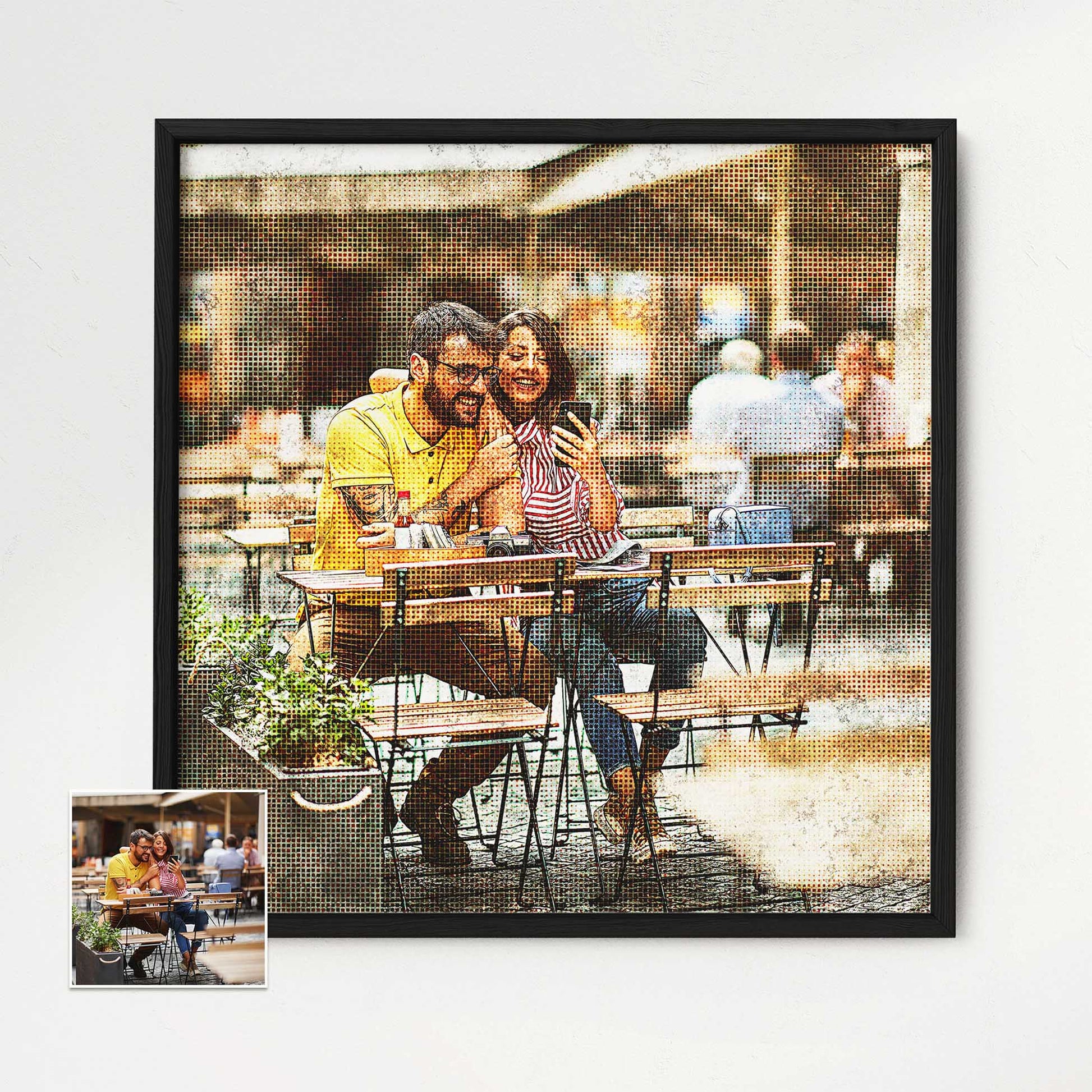 Elevate your home decor with the Personalised Grunge FX Framed Print, a captivating artwork created through painting from photo. Its grunge style and halftone effect exude a retro, old-school coolness, while the gallery-quality paper