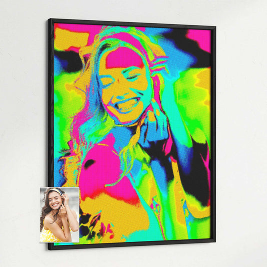 Elevate your home decor with our Personalised Pop Art Framed Print. Created through printing from photo, it features a captivating pop art style with a halftone effect. The bold and vibrant colors of pink, orange, green, and blue