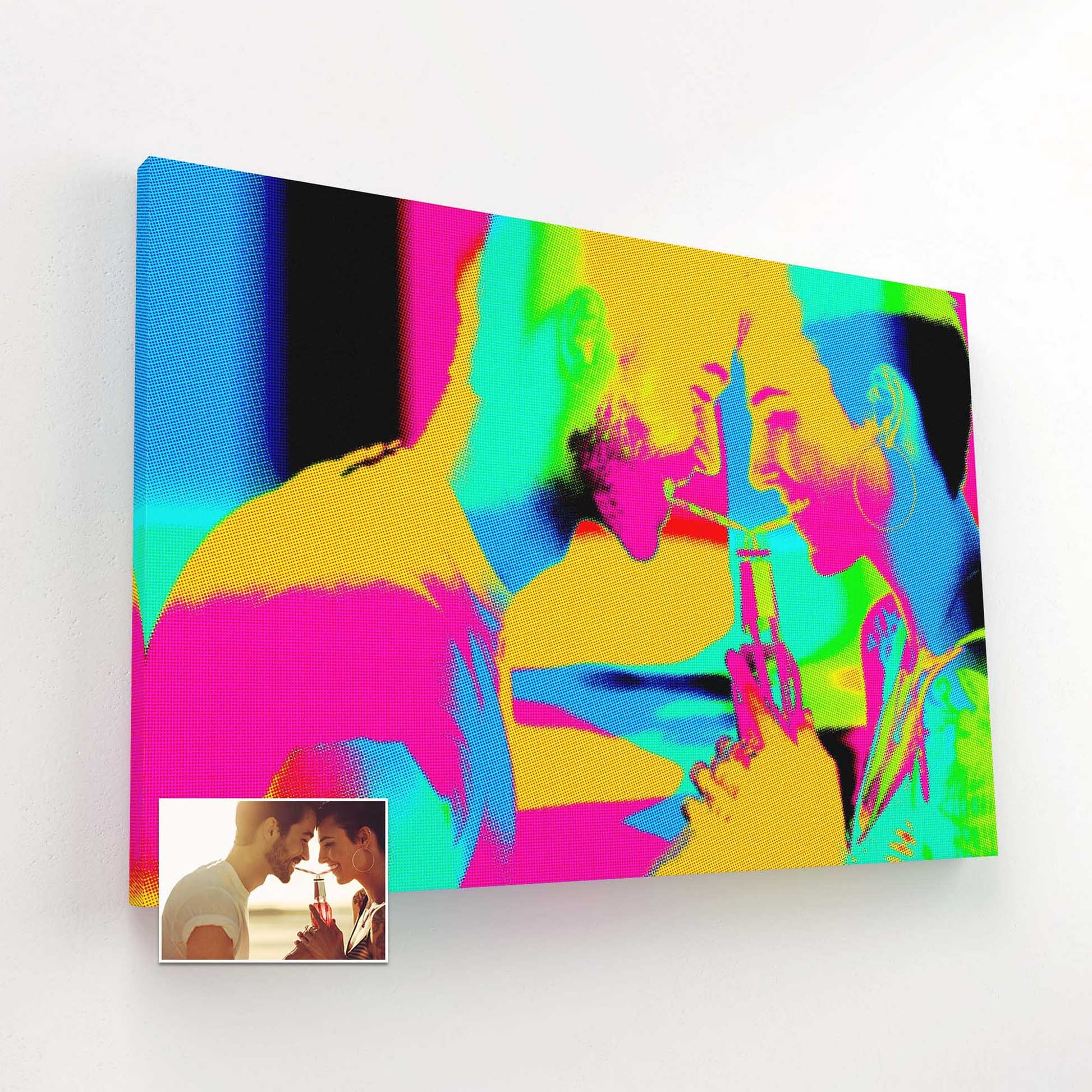 Transform your photo into a personalized Pop Art Canvas. The halftone texture adds depth and character to the handmade canvas, creating a cool and urban piece of art. With trendy and vibrant full-color digital art