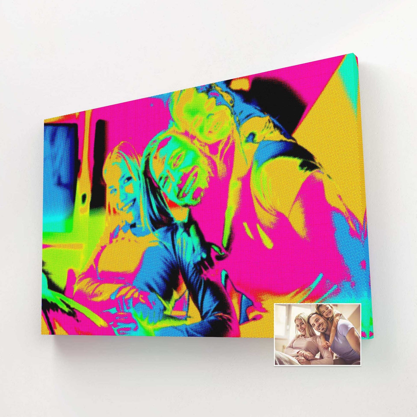 Elevate your decor with a personalized Pop Art Canvas. Printed from your photo, this handmade canvas showcases a halftone texture that adds a unique touch. The cool and trendy urban vibes combined with the burst of full-color digital art 