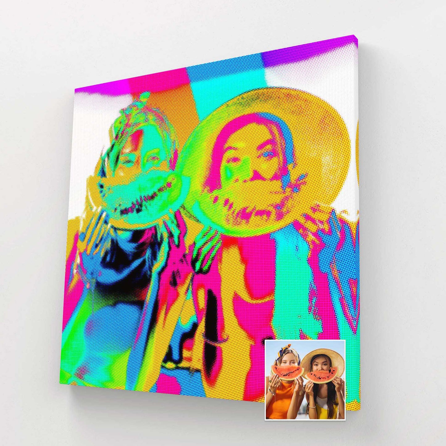 Immerse yourself in the world of Pop Art with a personalized canvas. This print from photo artwork features a distinctive halftone texture and is handmade on canvas, giving it an authentic touch. The cool and trendy urban vibes
