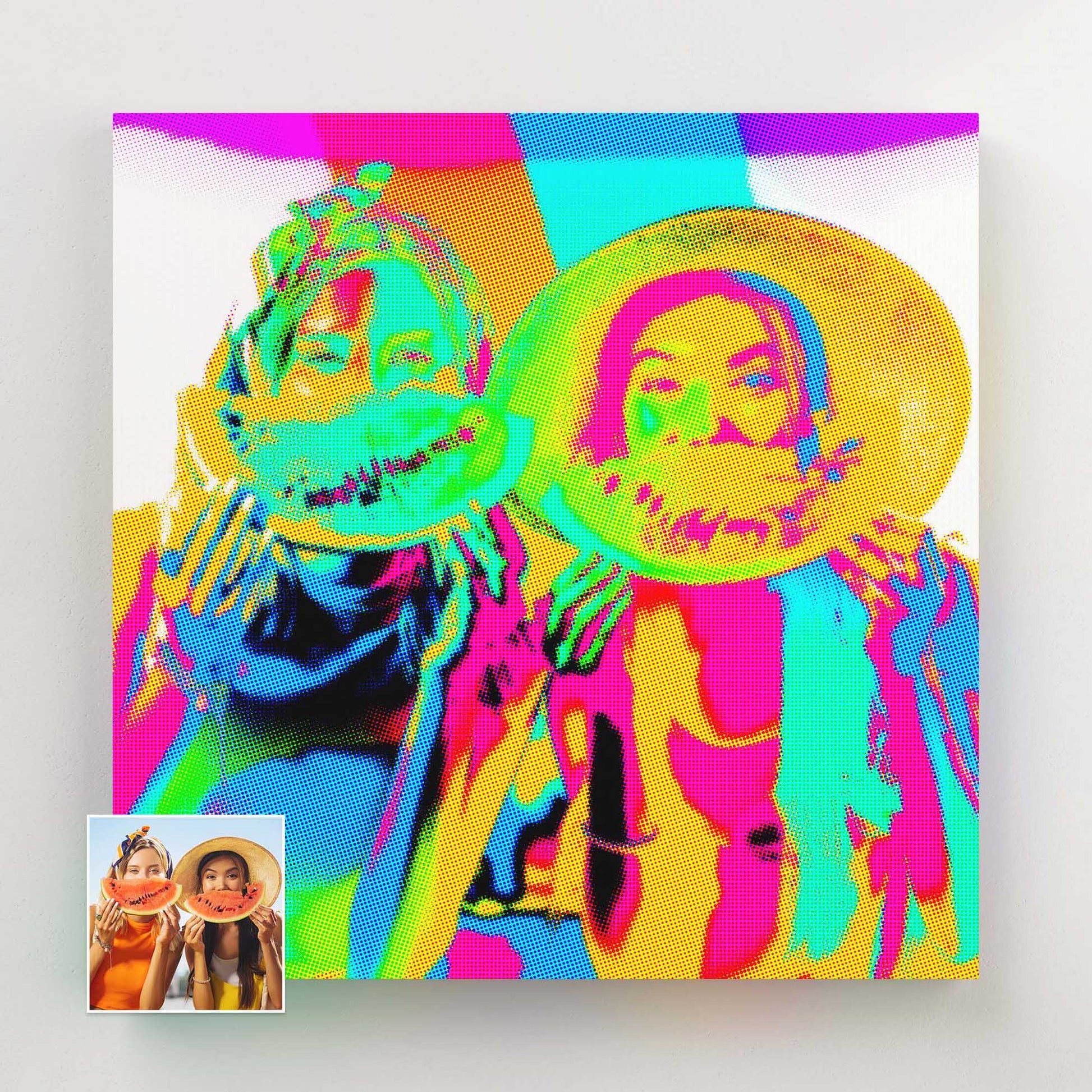 Personalize your space with a vibrant Pop Art Canvas. Printed from your photo, this handmade masterpiece features a halftone texture on canvas, adding depth and character. The cool and trendy urban aesthetic