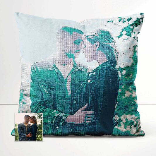 The Personalised Teal Grunge Cushion is a perfect blend of old school charm and modern personalization. Featuring a print created from your photo with a halftone effect and grunge texture, it adds a unique touch to your home decor