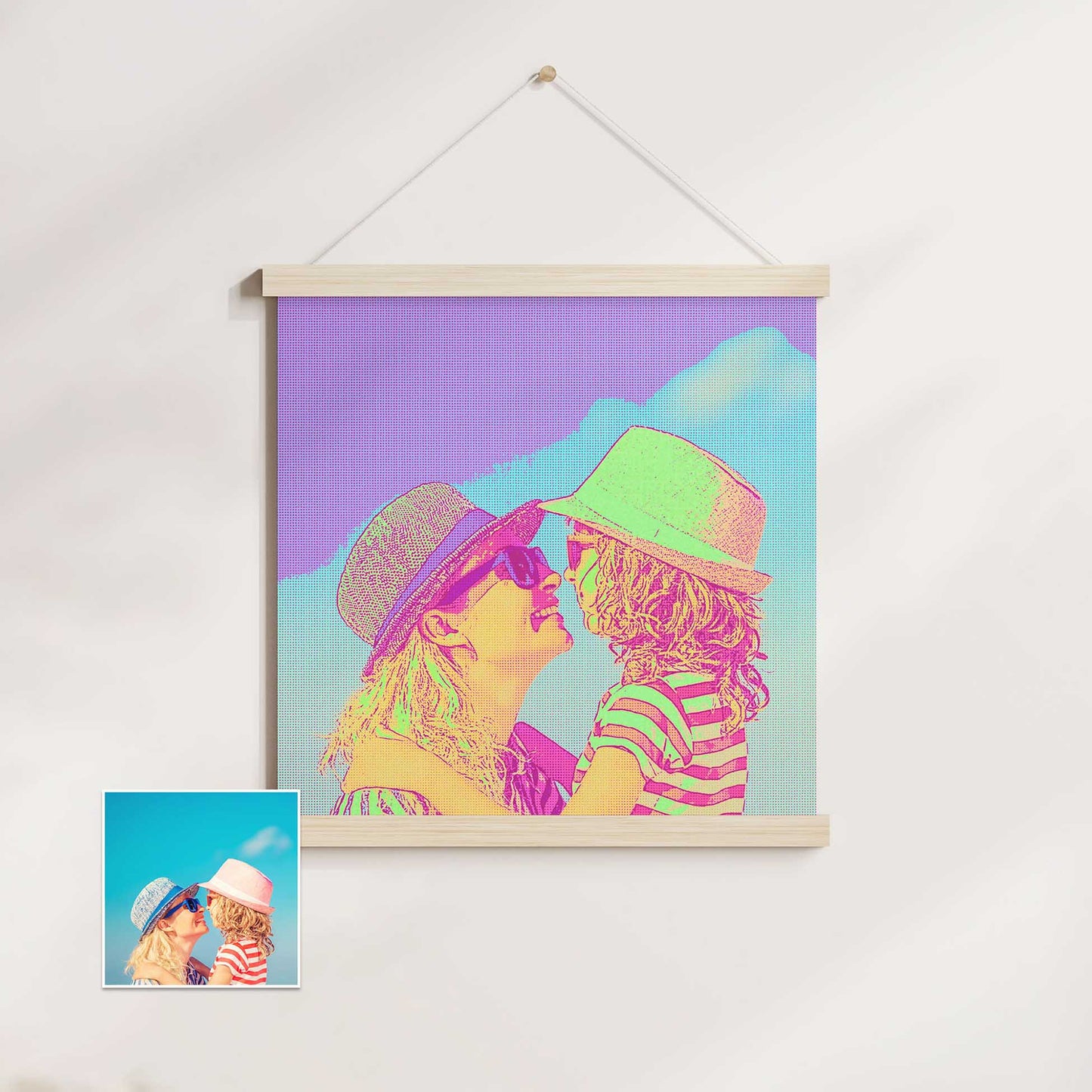 Experience the joy of our Personalised Green & Pink Pop Art Poster Hanger. With a cartoon-like effect created from your photo, it exudes a retro vibe with a halftone texture. The vibrant colors of green, pink, blue, and purple 