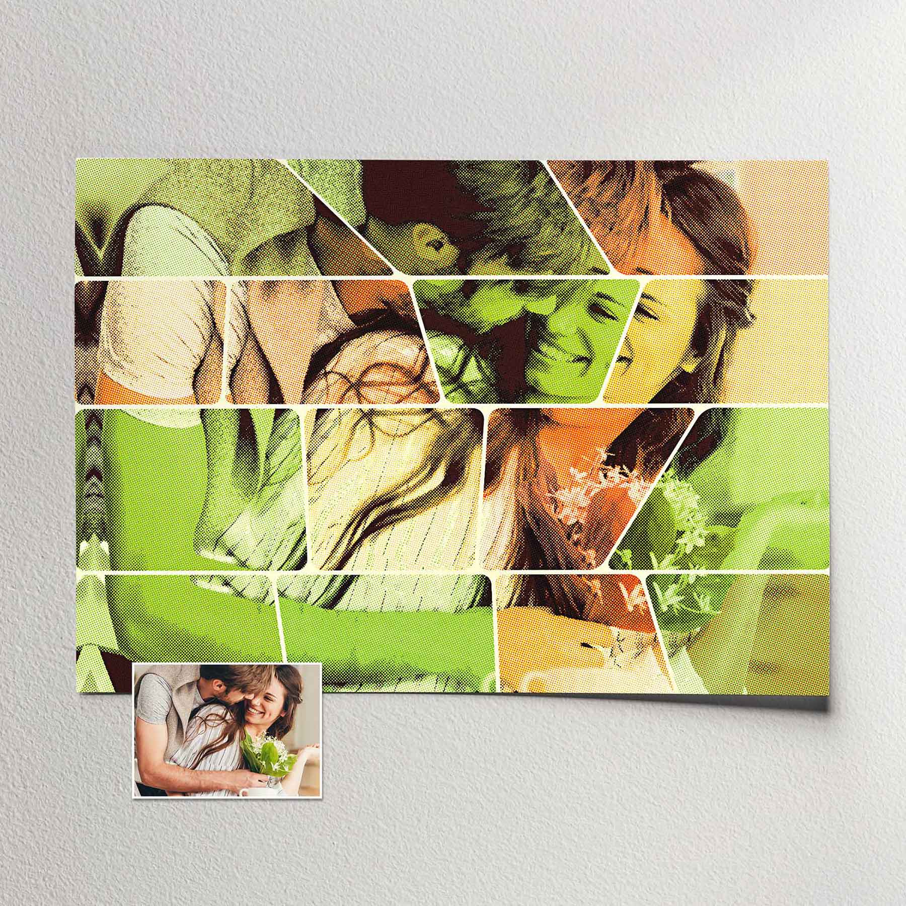 Embrace the retro allure of our Personalised Vintage Comics Print from photo. The orange and green hues, created by the retro comics filter, infuse an old school style and vibrant energy into your images, ultra cool and trendy wall art