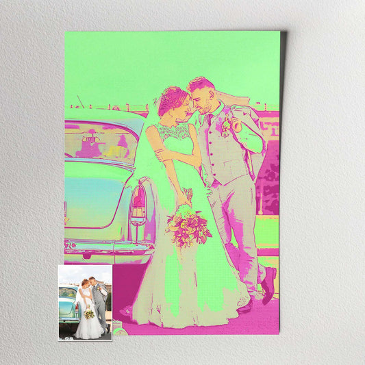 Personalised Green & Pink Pop Art Print: Turn your photo into a funky and vibrant cartoon with a pop art style. The halftone filter adds a unique touch, while the green and pink hues create a fresh and energetic vibe