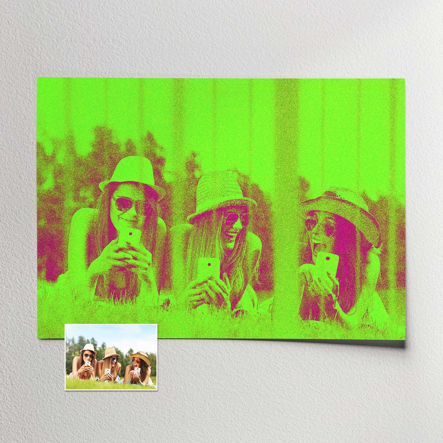 Add a pop of color and creativity to your surroundings with a Personalised Neon Green Print. The unique bad print filter effect enhances the neon green and pink hues, creating a cool and edgy aesthetic, fresh and original wall art 