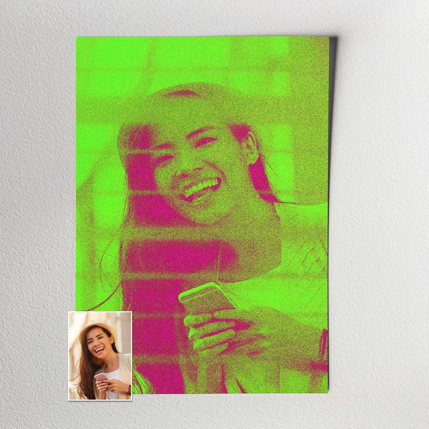 Infuse your space with a burst of creativity and imagination through a Personalised Neon Green Print. The bad print filter effect amplifies the neon green and pink hues, creating a cool and edgy vibe, fun and original wall art
