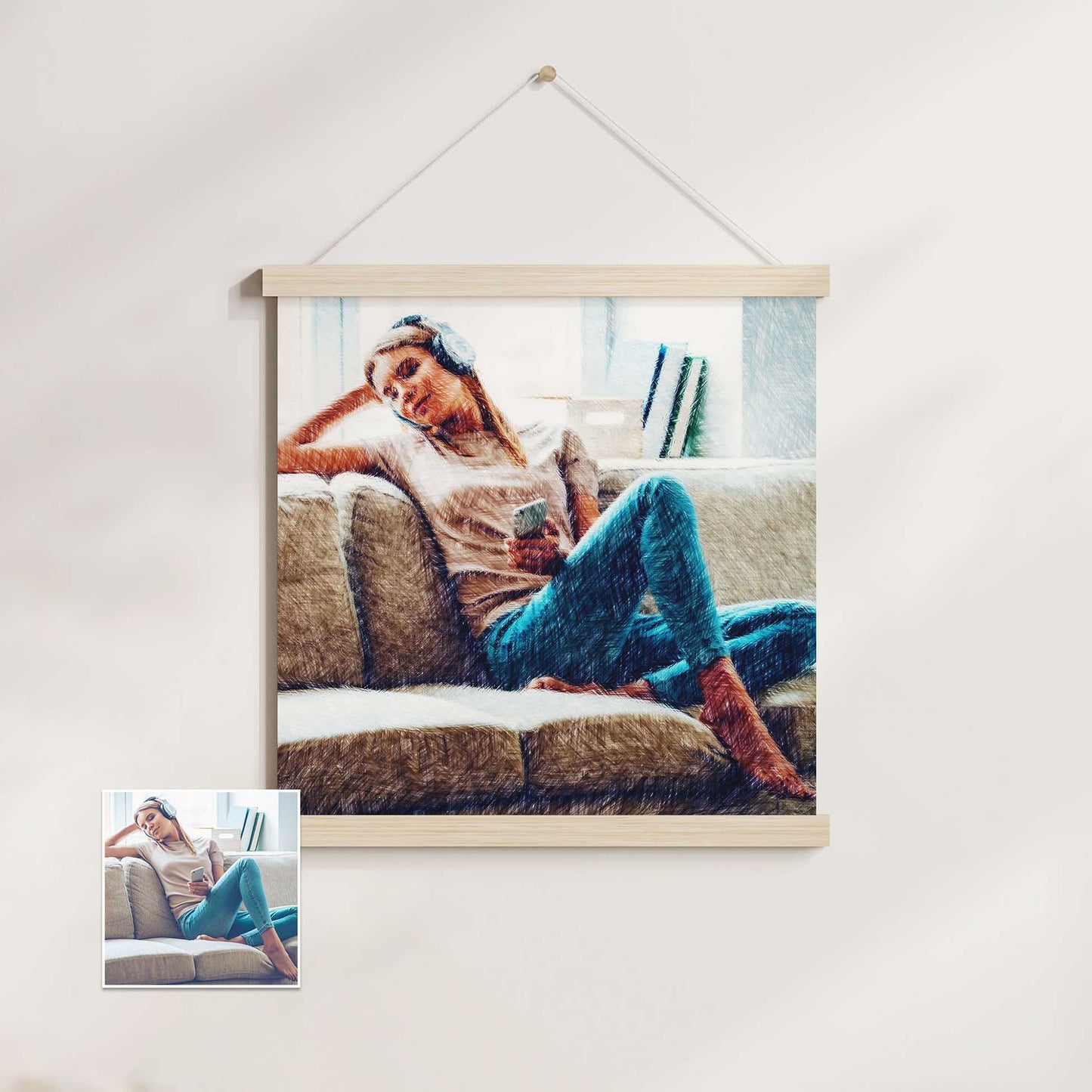 Elevate your interior design with our Personalised Colourful Drawing Poster Hanger. The pencil texture effect adds a novel and trendy touch, making your photos come to life as classy and sophisticated drawings