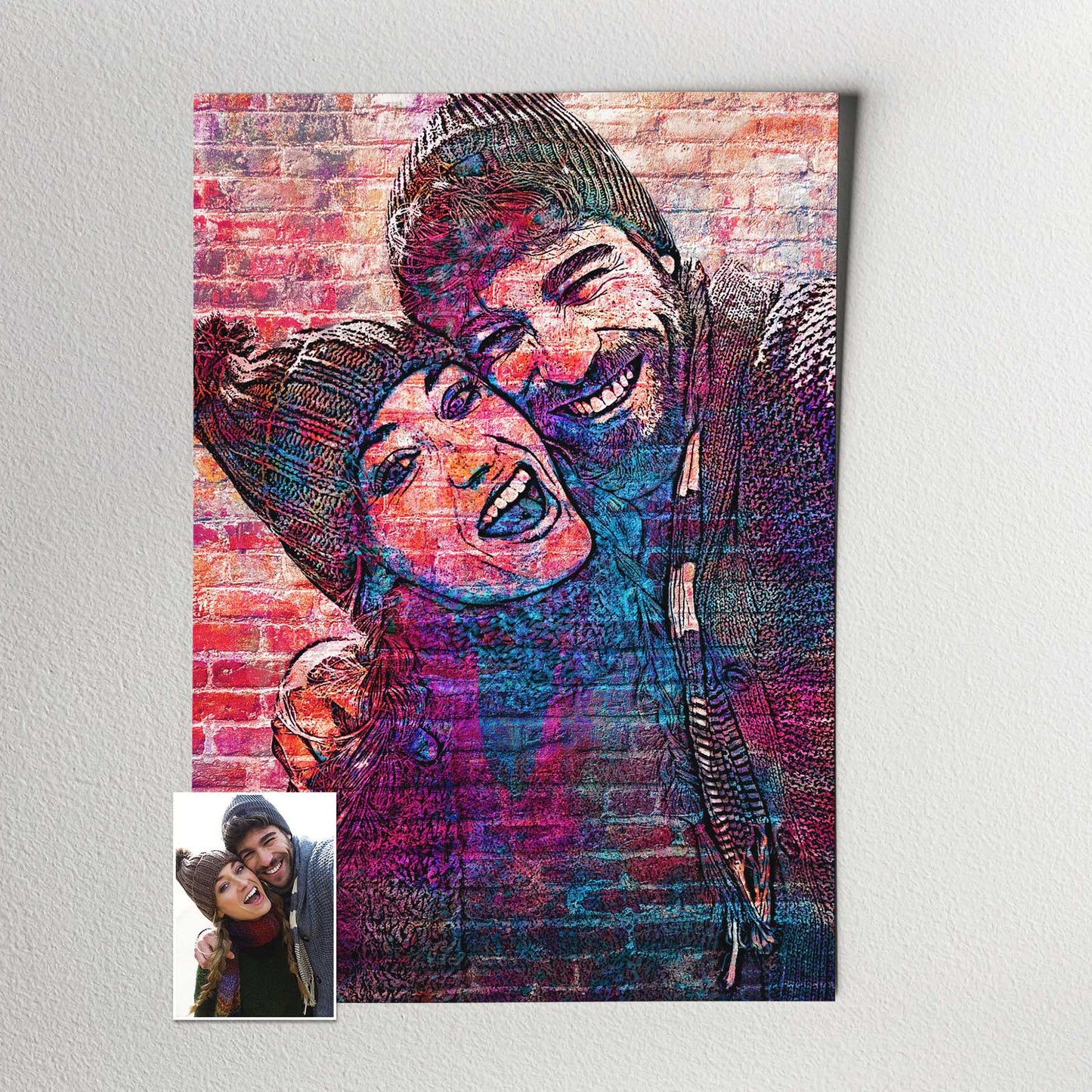 Immerse in Urban Art: Bring the dynamic energy of street art into your home or office with this personalised brick graffiti street art print. Its bold and daring style, coupled with the realistic filter effect
