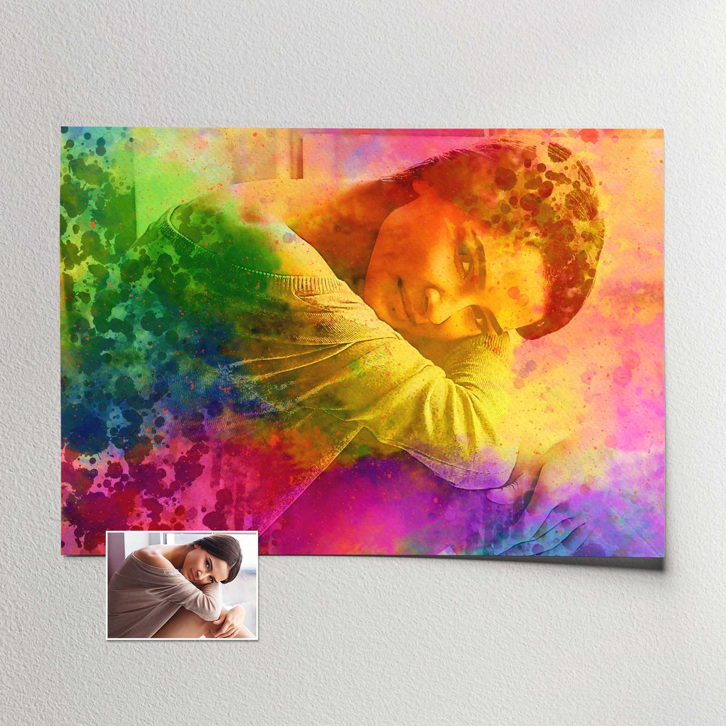 Personalised Splash of Colors Print: Turn your cherished photo into a vibrant and vivid watercolor masterpiece. The brush color splash effect adds a dynamic touch, featuring pink, purple, green, blue, red, and yellow hues