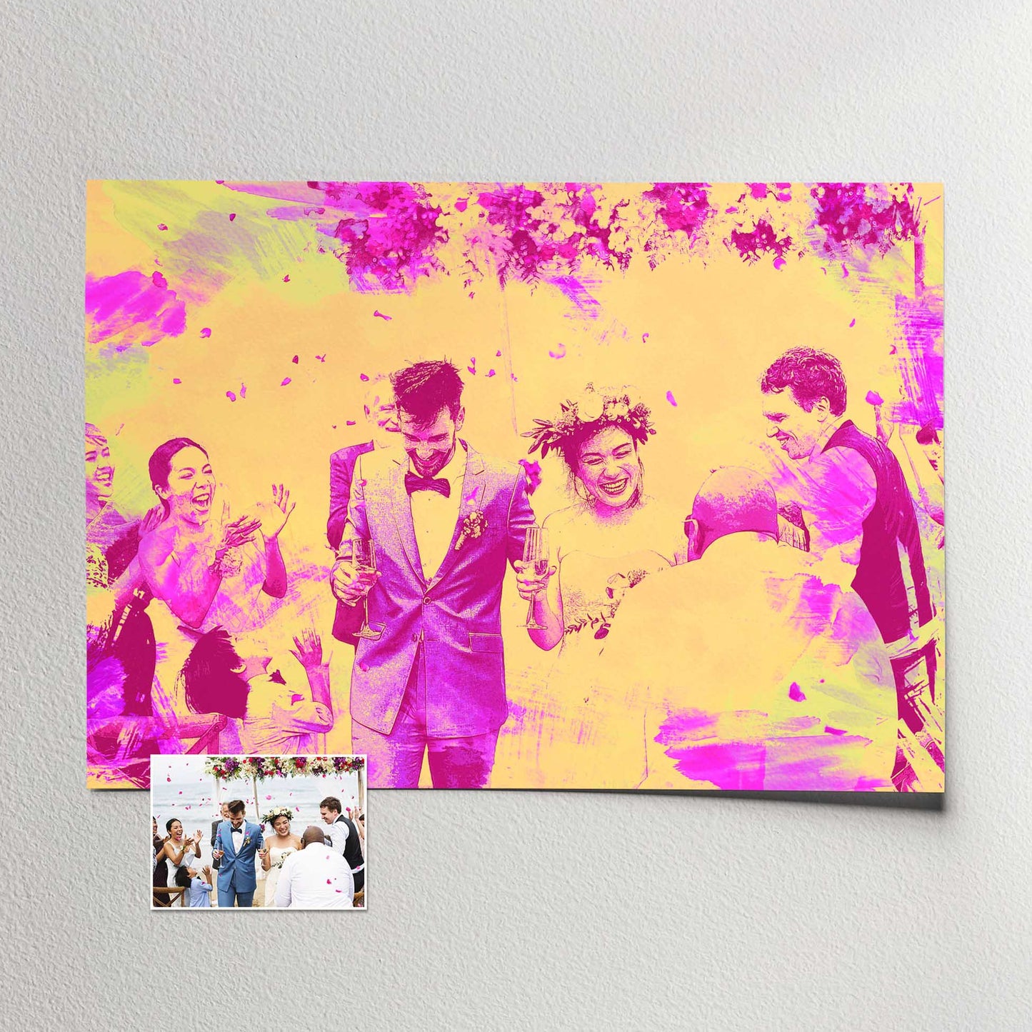 Celebrate life's special moments with our Personalised Pink & Yellow Watercolor Print. Created from your photo in a realistic traditional watercolor style, this artwork radiates a sense of joy and positivity