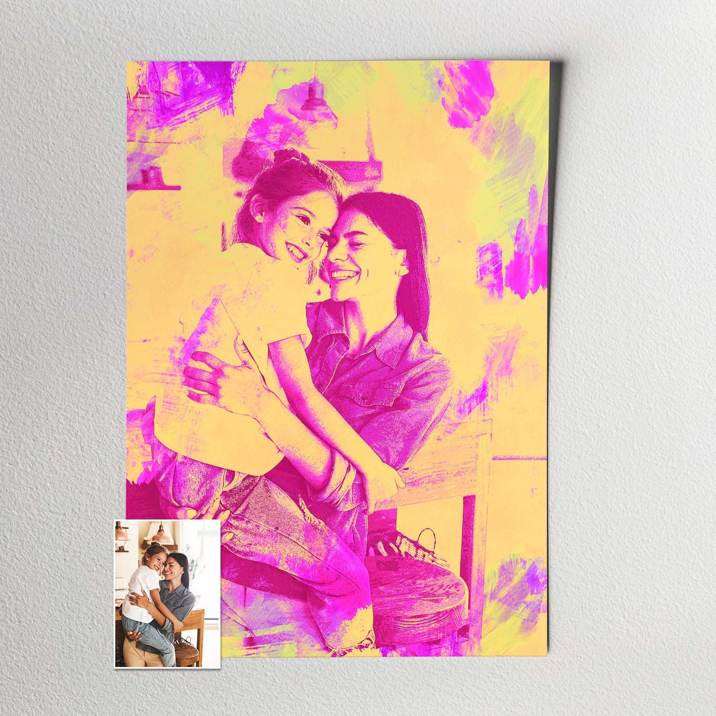 Personalised Pink & Yellow Watercolor Print: Turn your photo into a fun and exciting work of art with our realistic traditional watercolor style. The pink and yellow hues bring a sunny and joyful atmosphere, evoking smiles and comfort