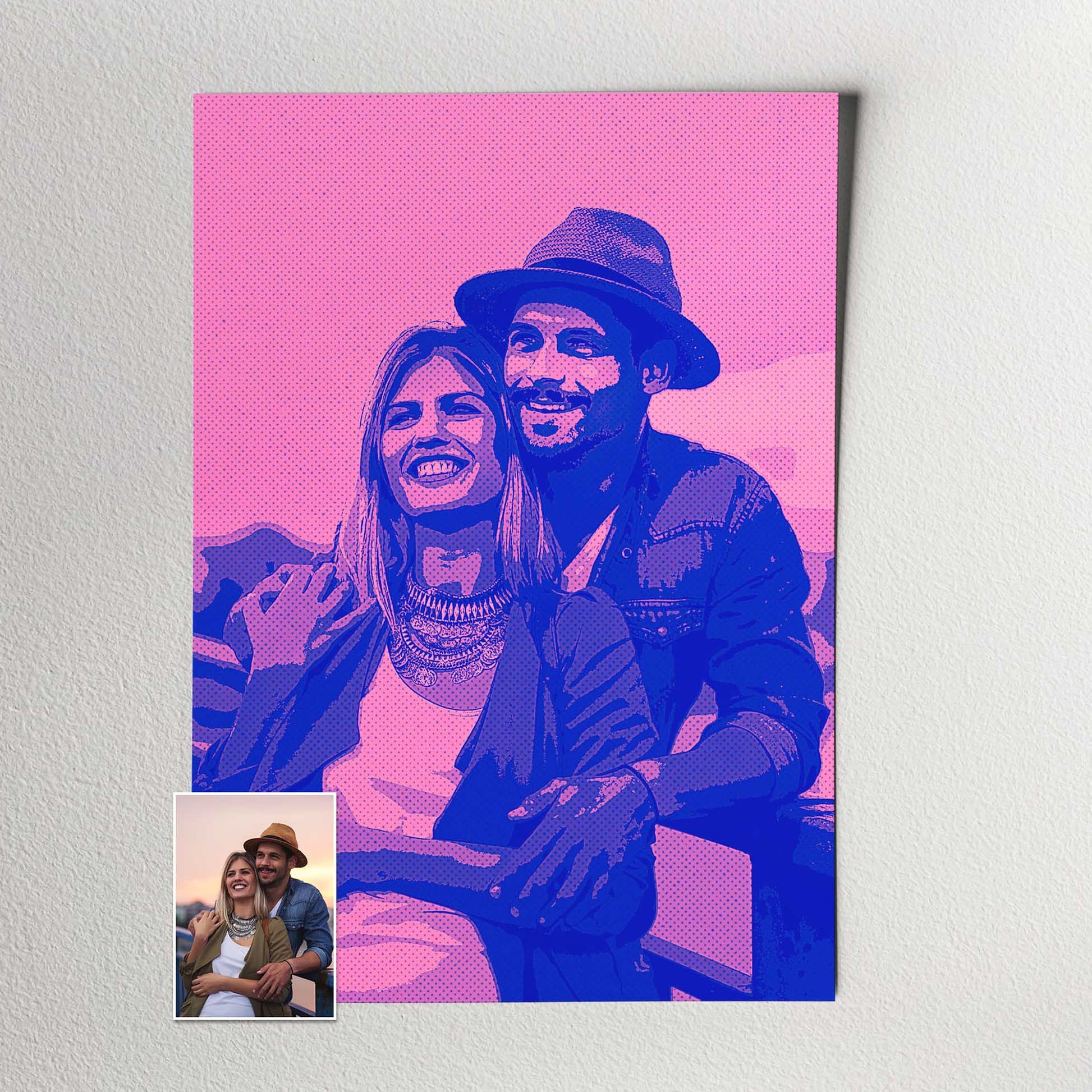 Get ready for a burst of color and creativity with our personalised Purple & Pink Comics Print. Transform your photo into a vibrant cartoon-style artwork, featuring a retro comics effect that adds a touch of old school charm