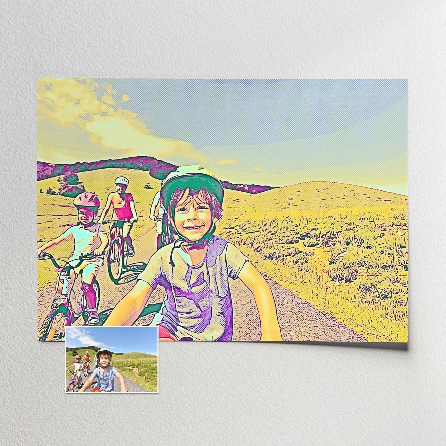 Transform your cherished photo into a Personalised Blue & Yellow Cartoon Print that exudes whimsical charm. With its halftone effect and a delightful combination of yellow, blue, and purple hues, this artwork radiates a joyful and cheerful vibe