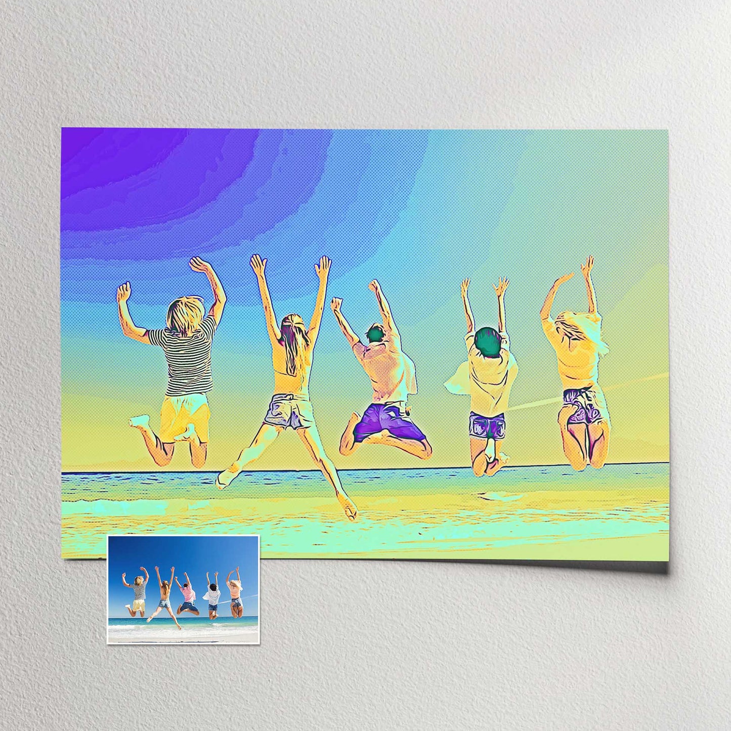 Make a statement with the Personalised Blue & Yellow Cartoon Print, transforming your favorite photo into a gallery-quality artwork. With its halftone effect and a captivating mix of yellow, blue, and purple hues