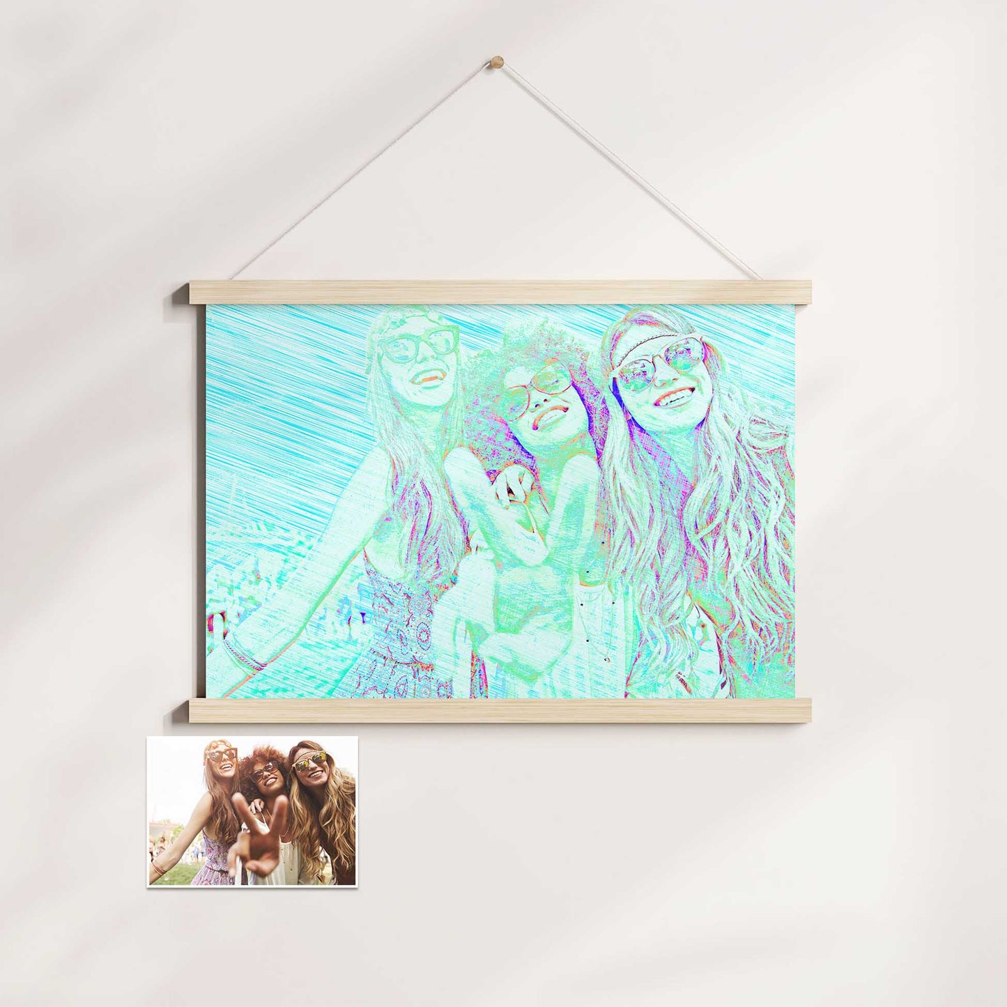 The Personalised Blue Drawing Poster Hanger showcases your cherished memories with a unique twist. With a drawing created from your photo, enhanced with a pencil effect, it adds a touch of artistic flair, vibrant blue and vivid colors