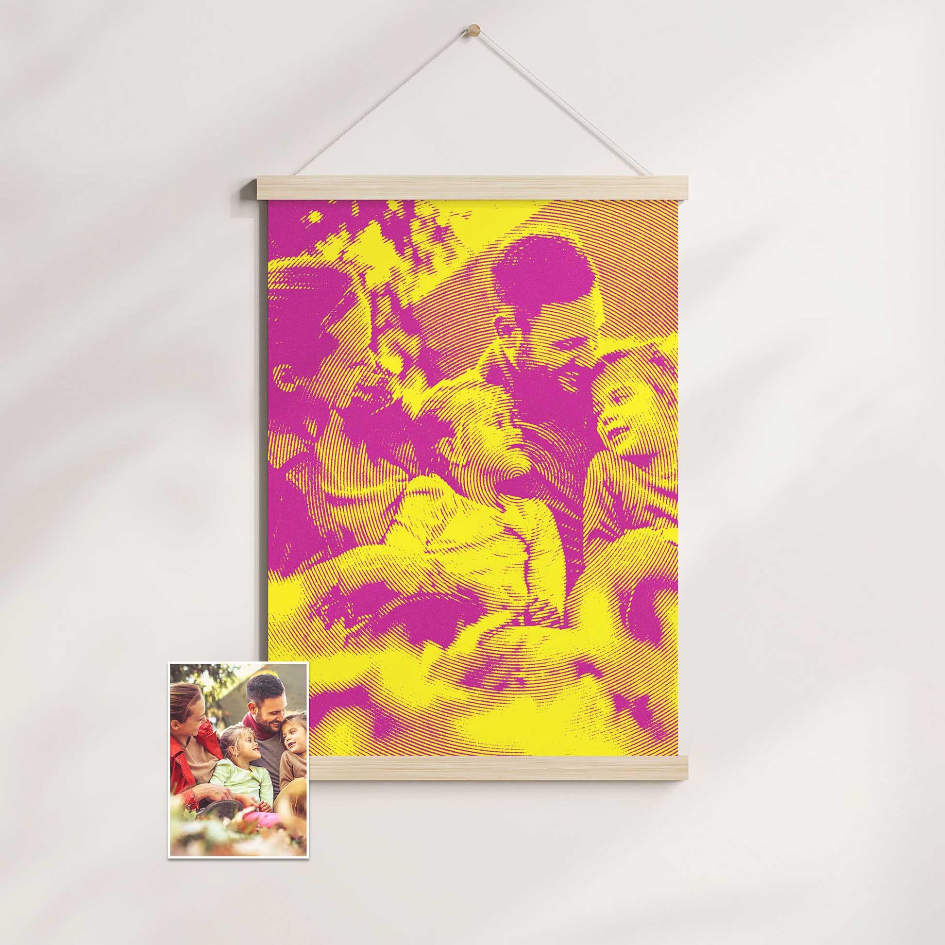 Elevate your space with the Personalised Yellow and Pink Texture Poster Hanger. Featuring a print from your own photo, it captures vibrant and bold colours of yellow and pink. The original texture adds a touch of fun and coolness to home decor