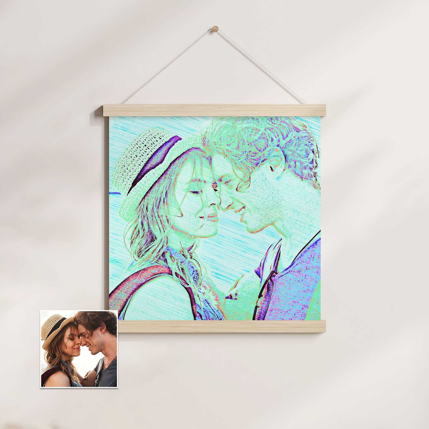 Add a pop of vibrant blue to your walls with the Personalised Blue Drawing Poster Hanger. This cool and fresh wall art features a drawing created from your photo, enhanced with a pencil effect for a unique touch