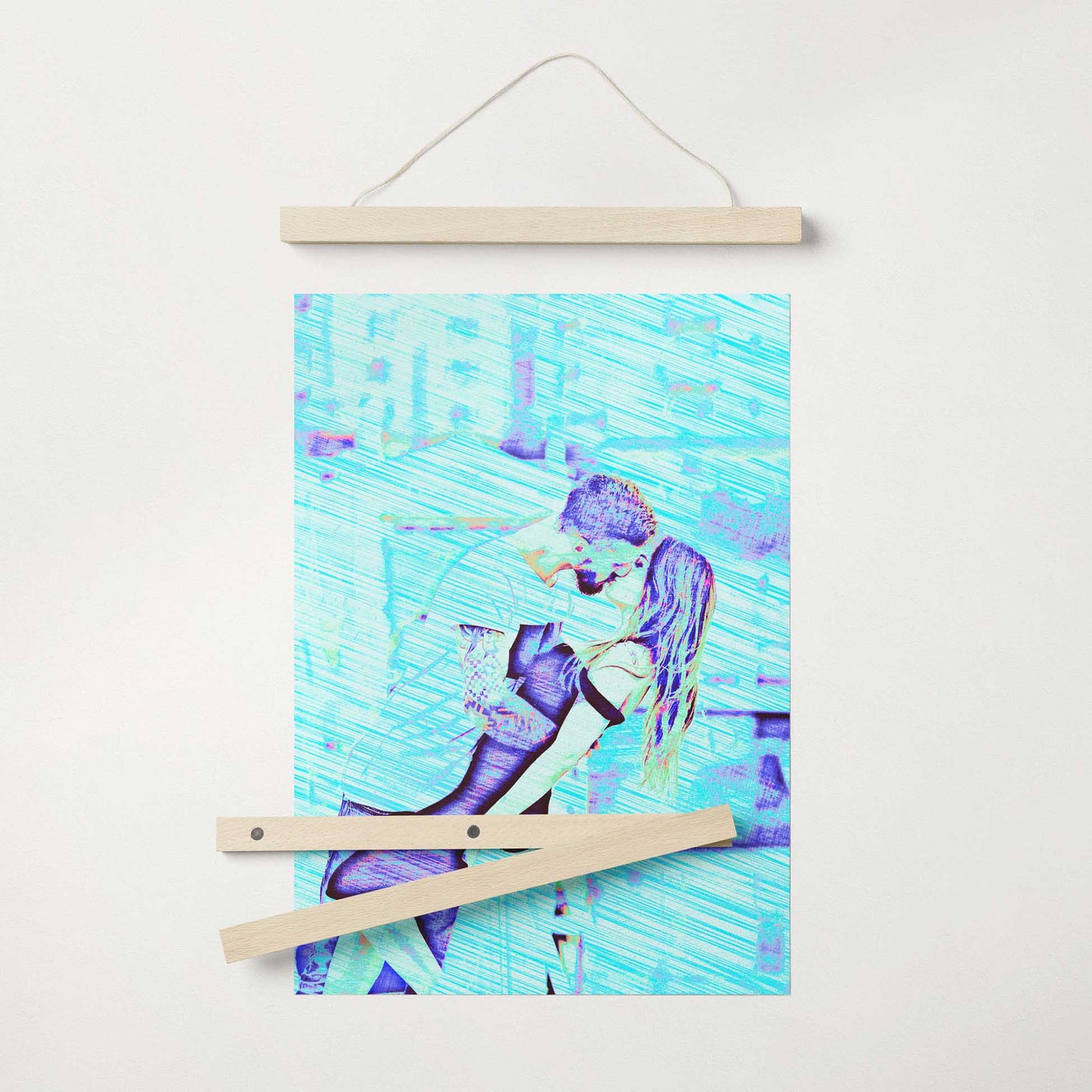 Make a statement with the Personalised Blue Drawing Poster Hanger. This cool and fresh wall art showcases a drawing created from your photo, enhanced with a pencil effect and vibrant blue hues. Its vivid colors and playful design evoke happiness