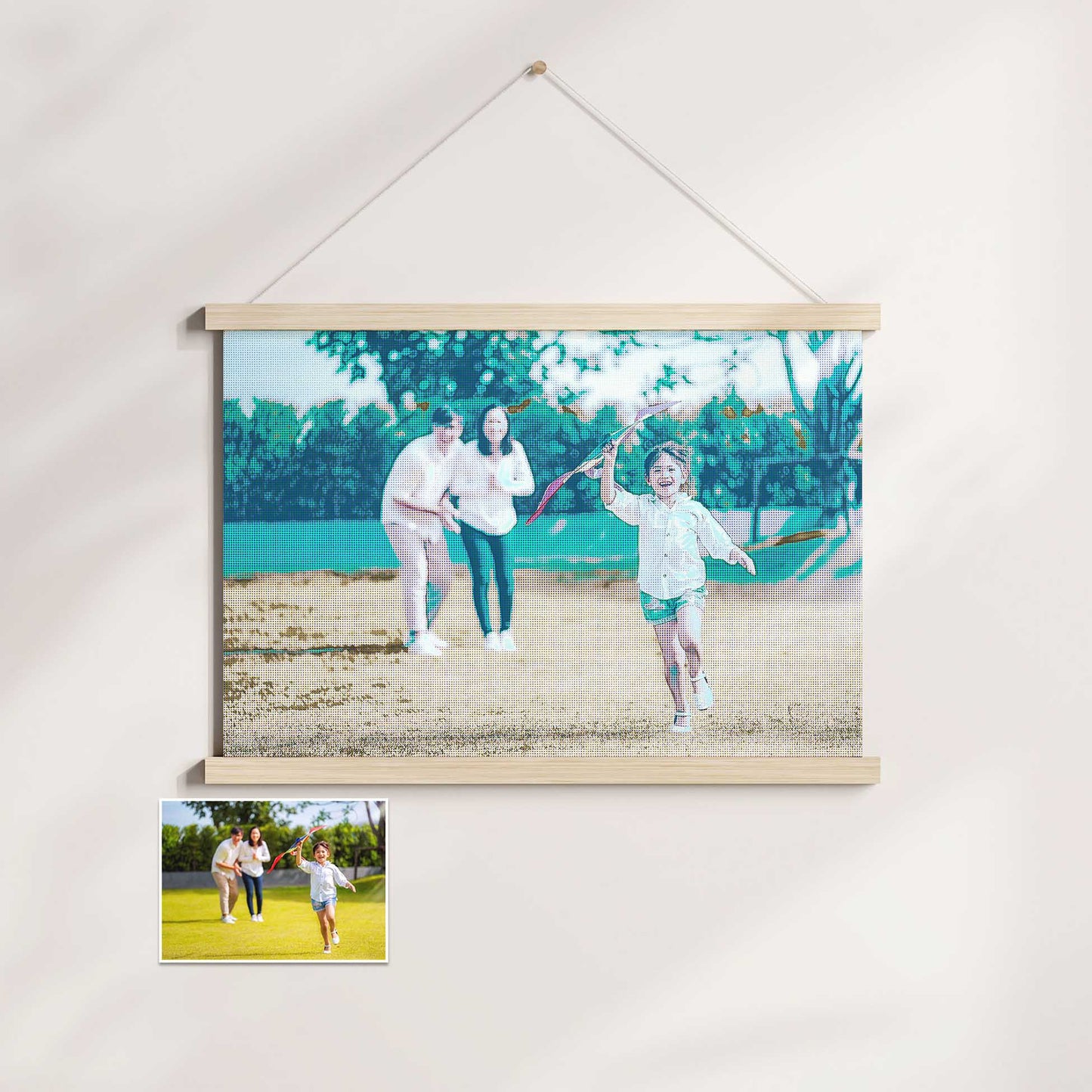 Add a touch of vintage charm to your space with the Personalised Teal Grunge Poster Hanger. Featuring a print created from your photo with a grunge effect and halftone filter, it showcases teal hues that bring a vibrant and vivid pop of colour