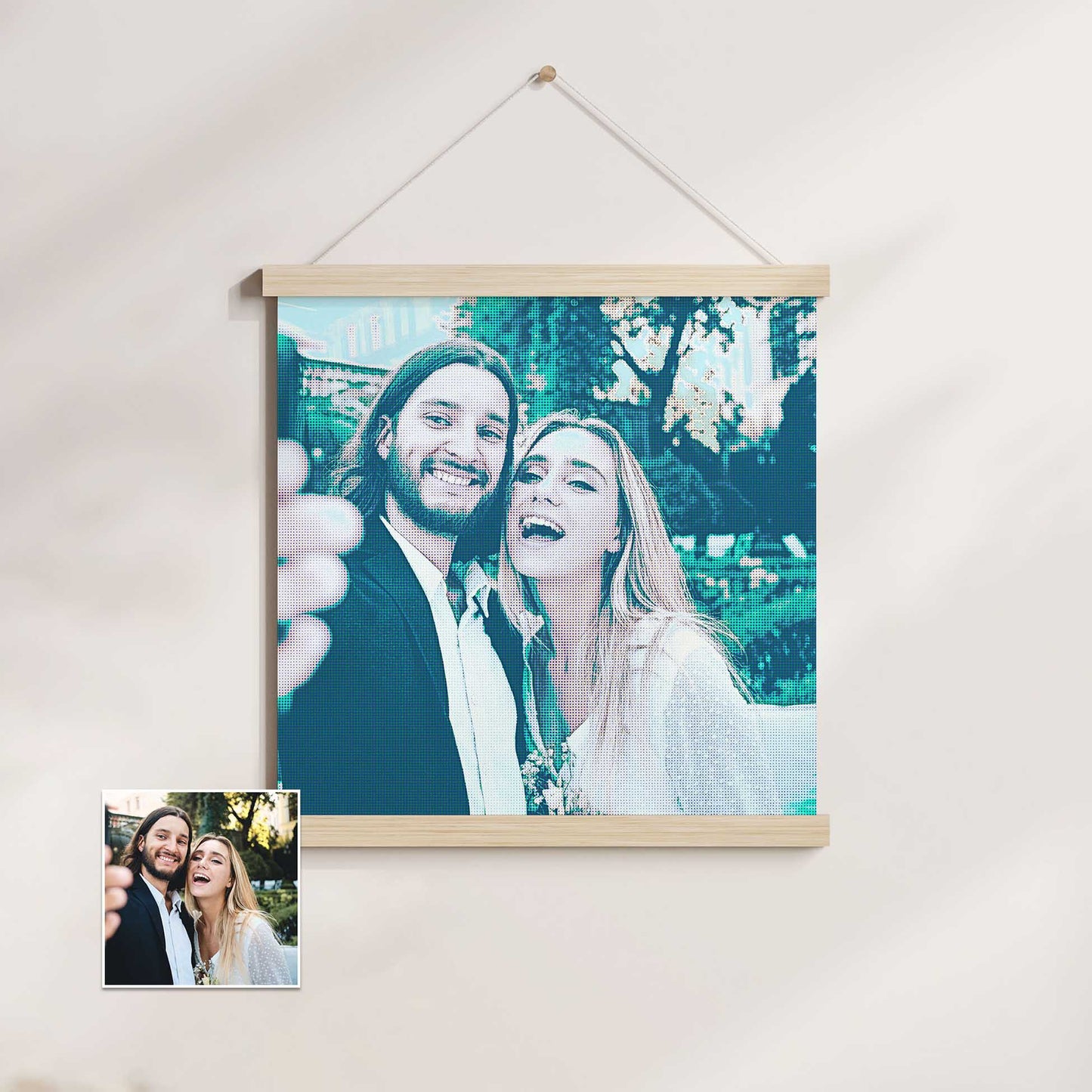 Immerse yourself in the nostalgic charm of the Personalised Teal Grunge Poster Hanger. Printed from your photo with a grunge effect and halftone filter, it showcases vibrant teal hues that create a retro and old school pop art vibe