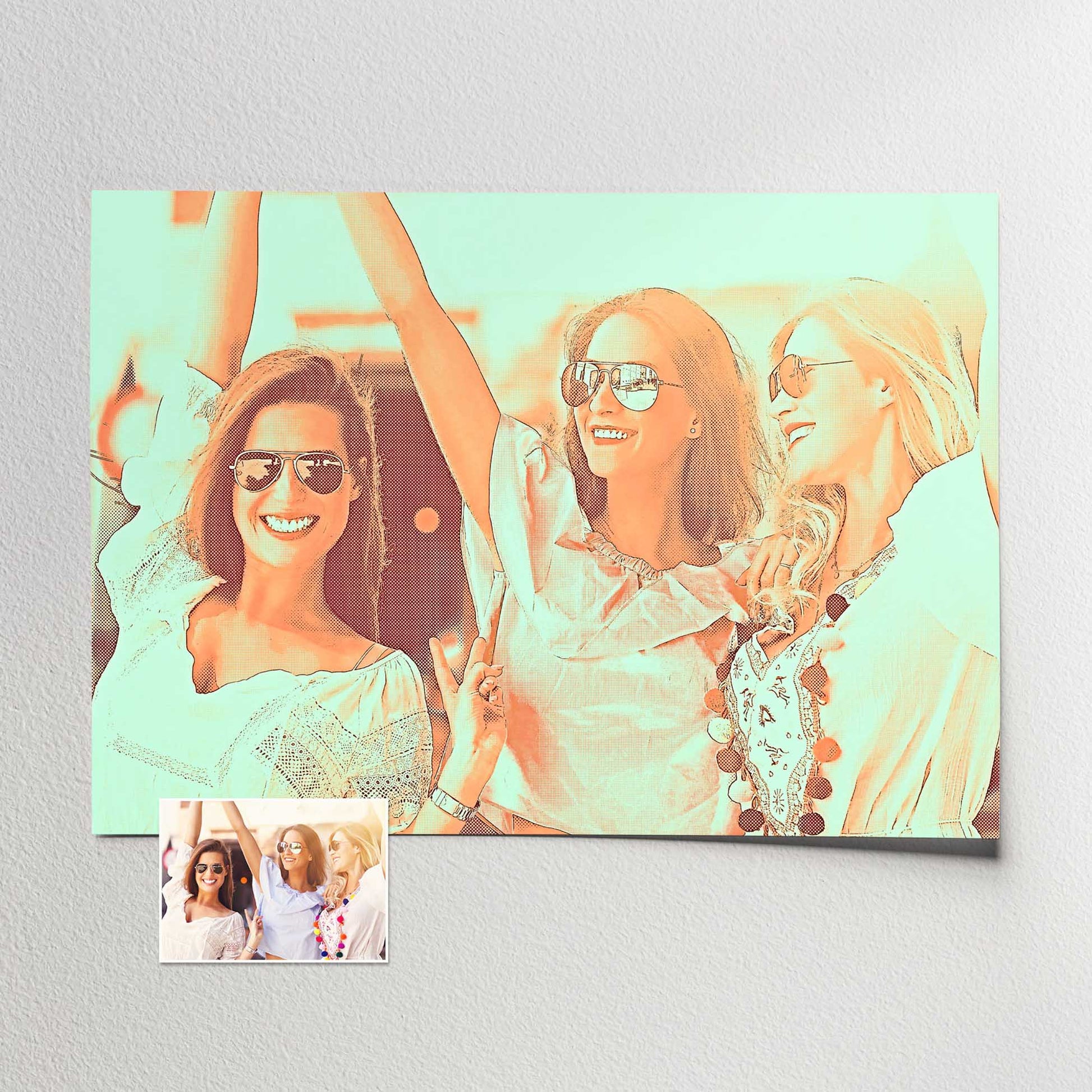 Step into a world of vibrant creativity with our Personalised Orange & Green Print. Cartoonized from your photo with a halftone effect, it exudes retro, old school charm. The energetic orange and green hues create a cool and trendy vibe