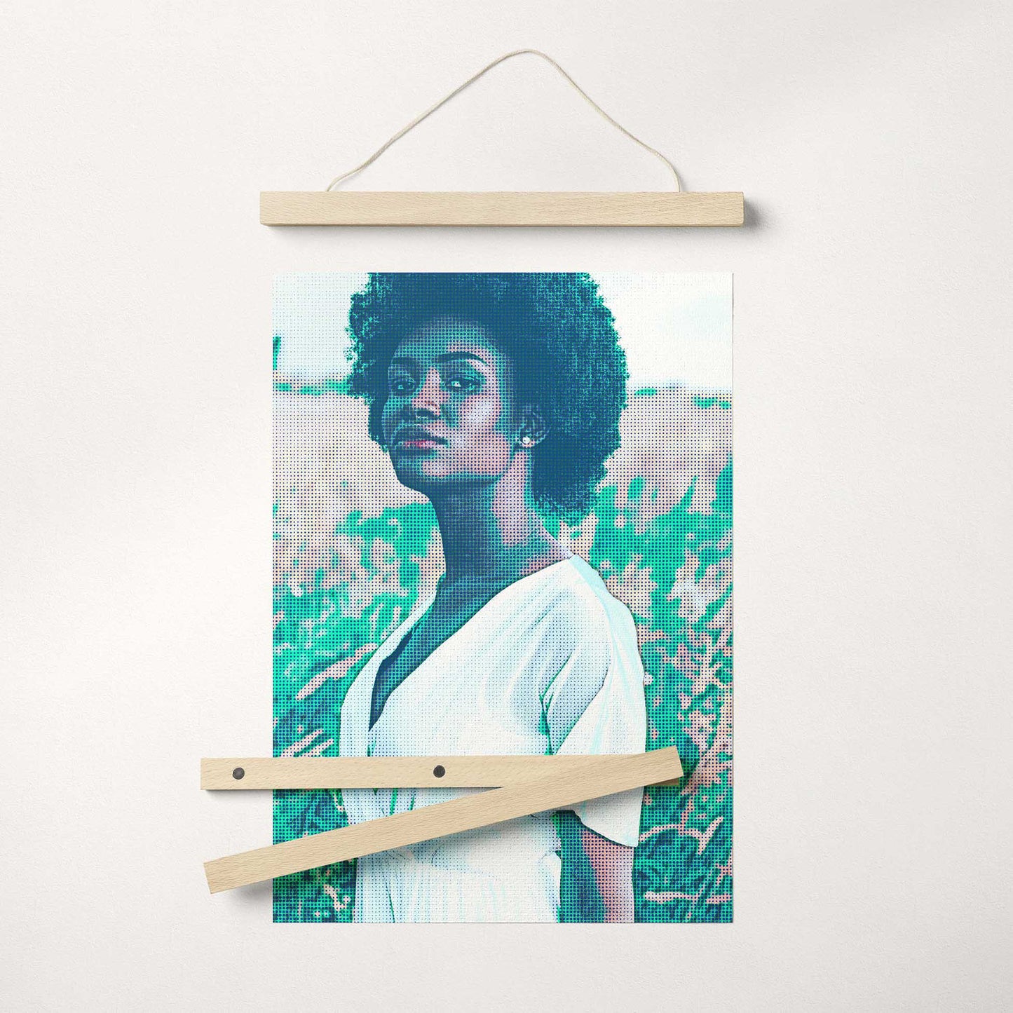 Discover the artistic allure of the Personalised Teal Grunge Poster Hanger. Printed from your photo with a grunge effect and halftone filter, it showcases teal hues that pop with vividness and vibrancy. This retro and old school-inspired wall art print