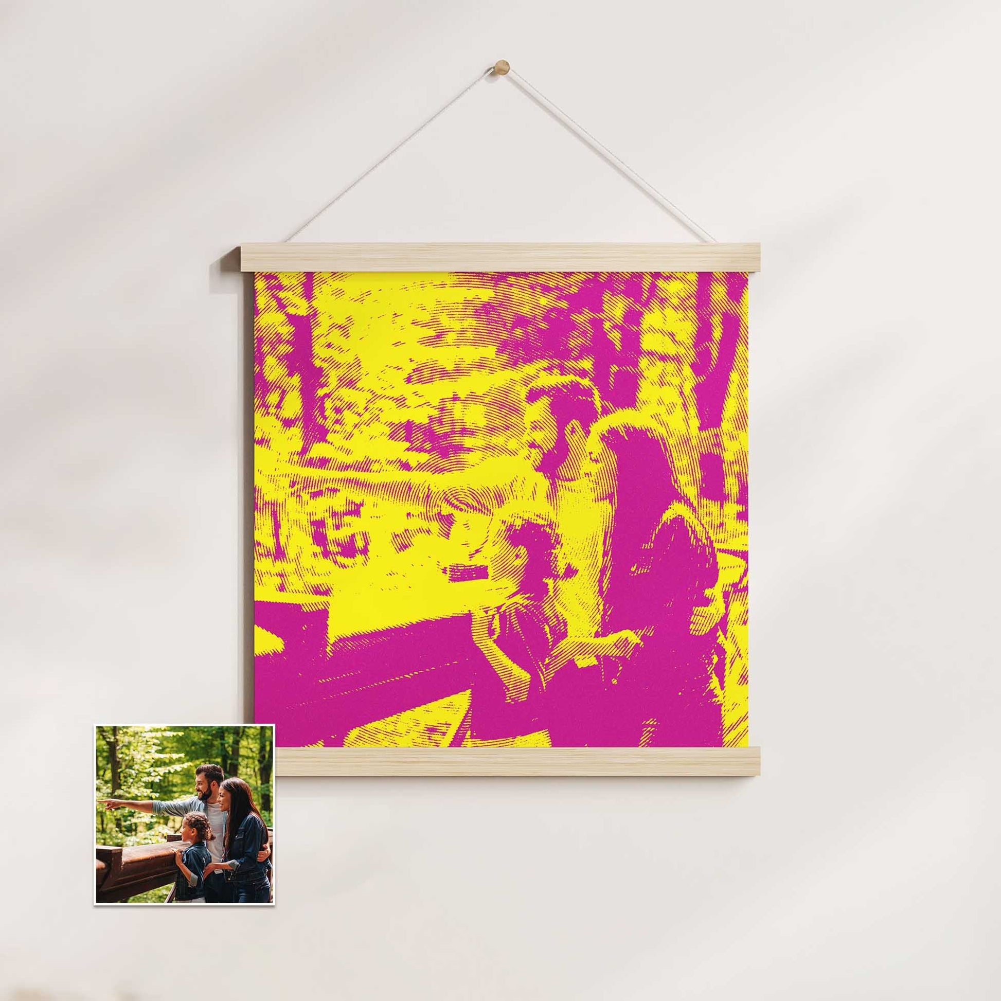 Add a burst of happiness and style to your living space with the Personalised Yellow and Pink Texture Poster Hanger. This unique piece features a print from your photo, showcasing bold and vibrant colours of yellow and pink