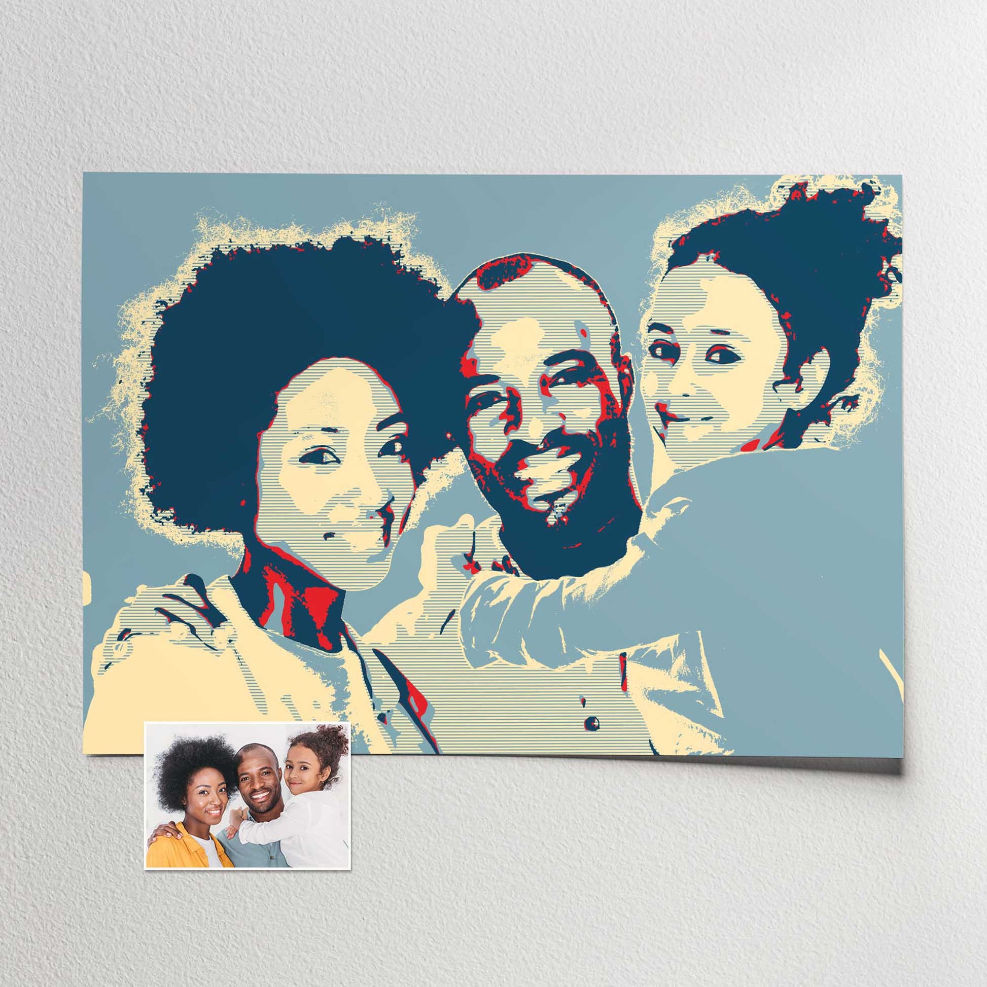 Transform your photo into an iconic Personalised Election Poster Print, created in a pop art style. The vibrant red, blue, and beige hues add a touch of sharpness and edginess to the design. With its legendary and bold appeal