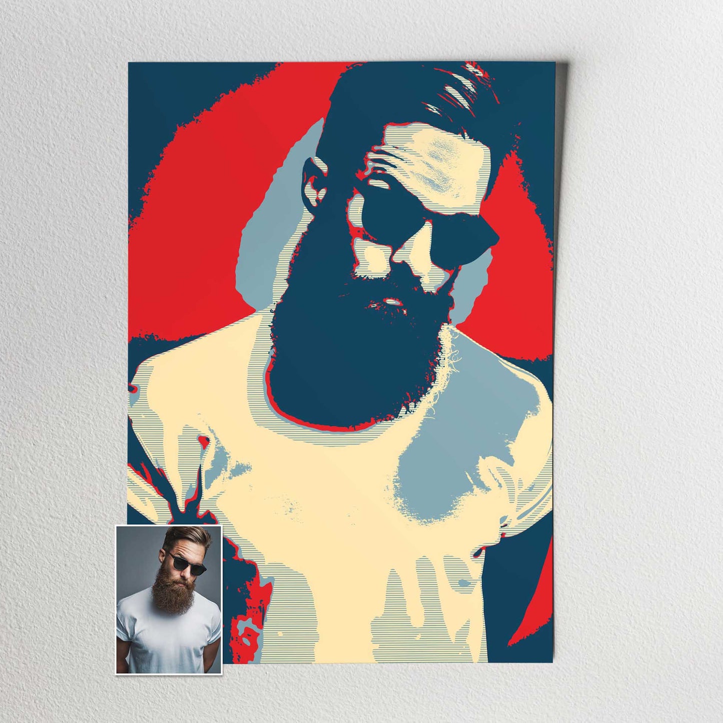 Elevate your space with our Personalised Election Poster Print, created from your photo in a captivating pop art style. The vivid red, blue, and beige hues add a sharp and edgy touch to the design, making it vibrant and iconic