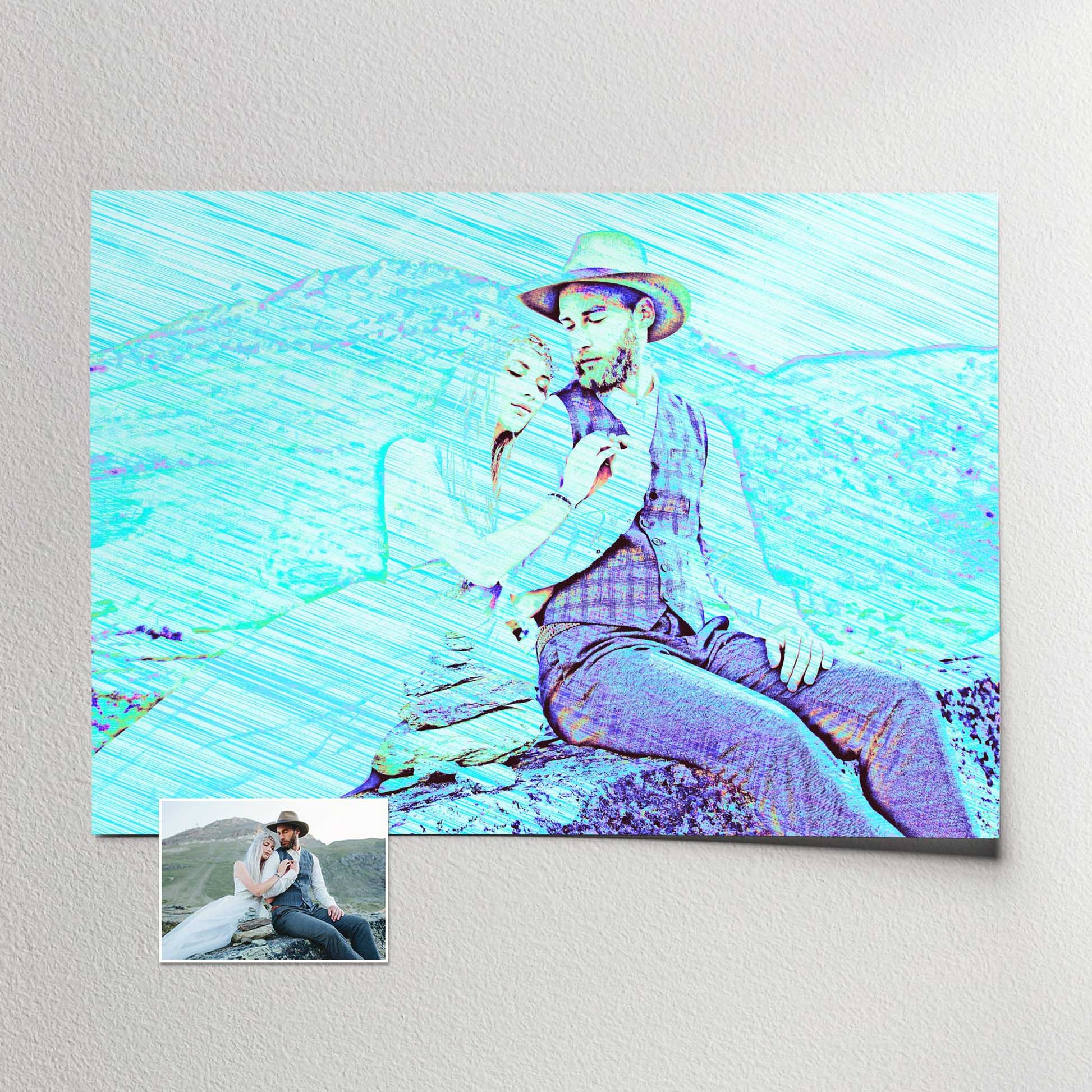 Unleash your imagination with our Personalised Blue Drawing Print, where photos turn into captivating pencil drawing masterpieces. The blue hues infuse a trendy and creative vibe, appealing to art lovers and design enthusiasts alike