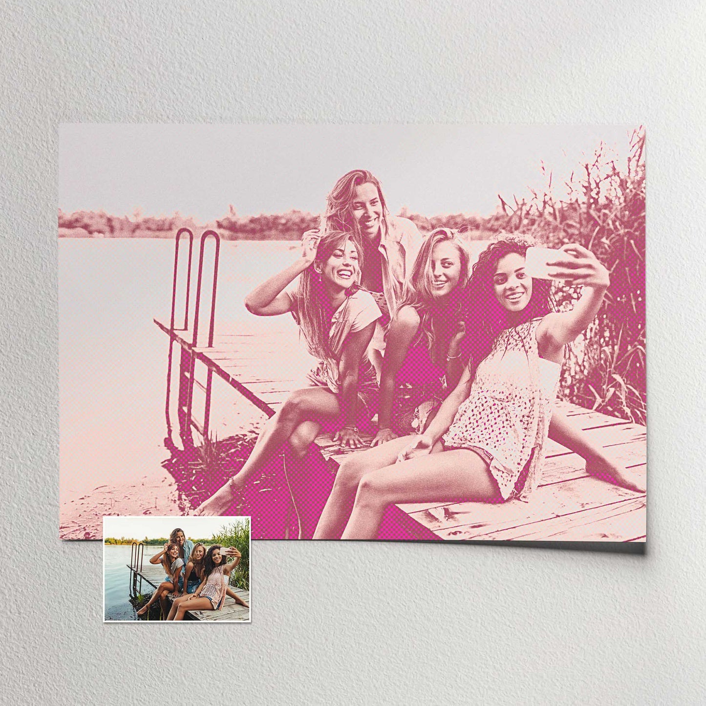 Personalised Pink Pop Art Prints - a vibrant and energetic addition to your space. Our retro halftone pop art filter gives your photo a unique and stylish look, with pink hues that radiate elegance and charm