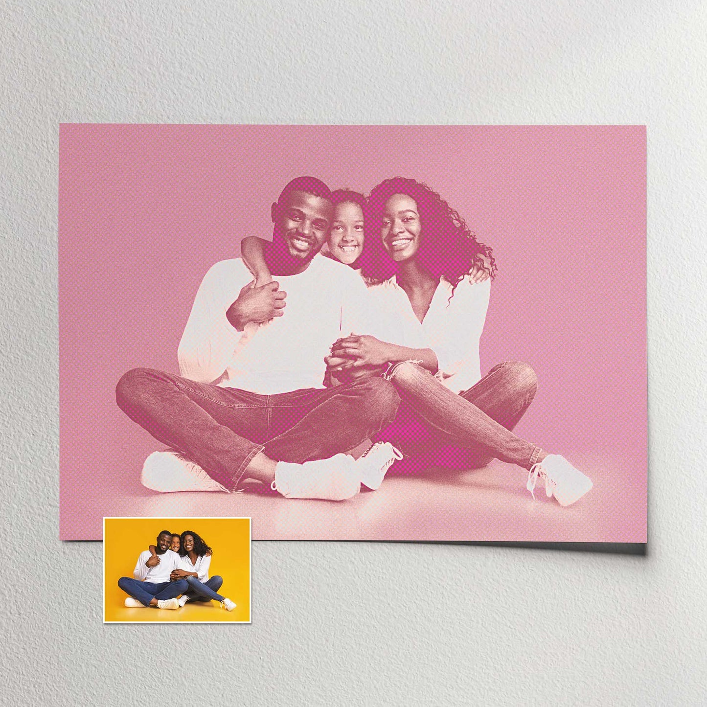 Create a Personalised Pink Pop Art Print from your photo with our retro halftone pop art filter. The vibrant pink hues add an elegant and chic charm to any space, while the flowing lines and energetic vibe create a sense of movement 