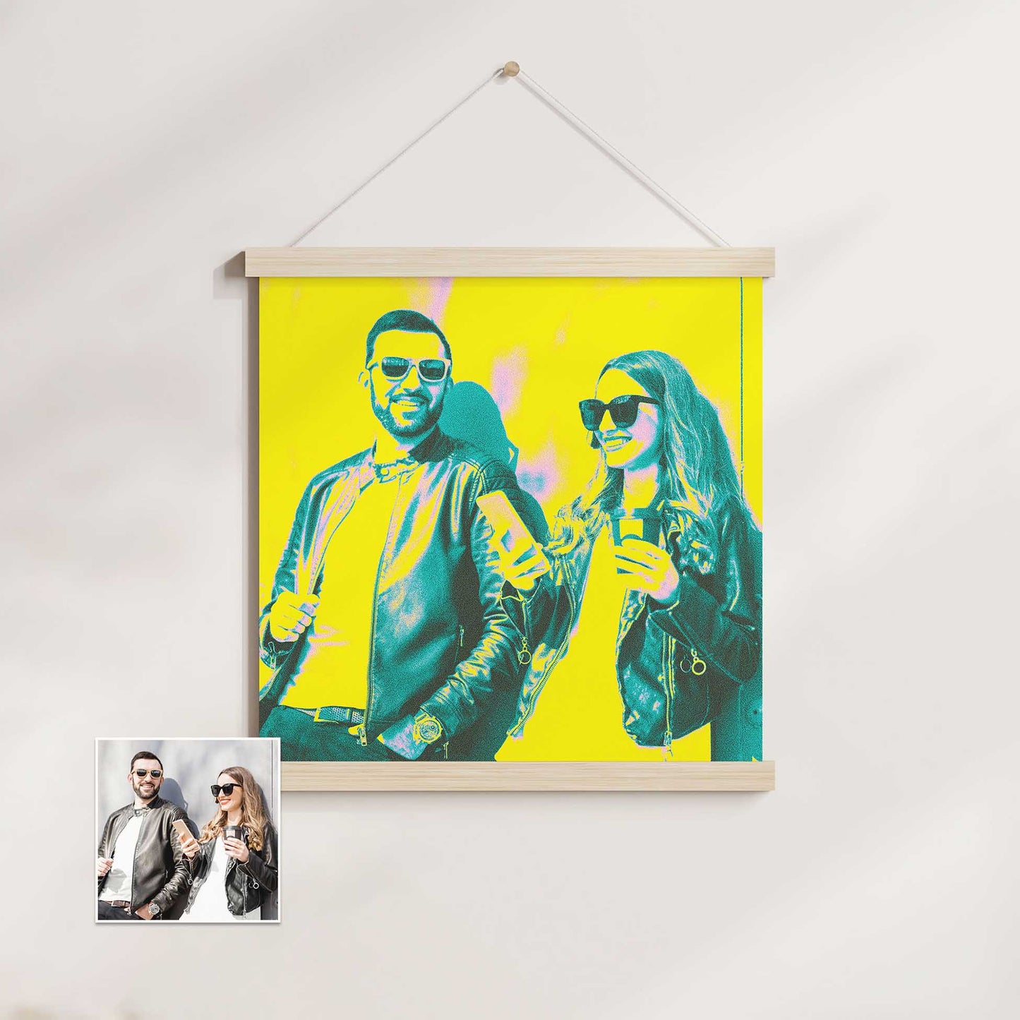 Elevate your space with our Personalised Acid Colours Poster Hanger. The vibrant yellow, green, and teal options bring a cool and lively ambiance to any room. Made with gallery-quality paper and a natural wood magnetic frame