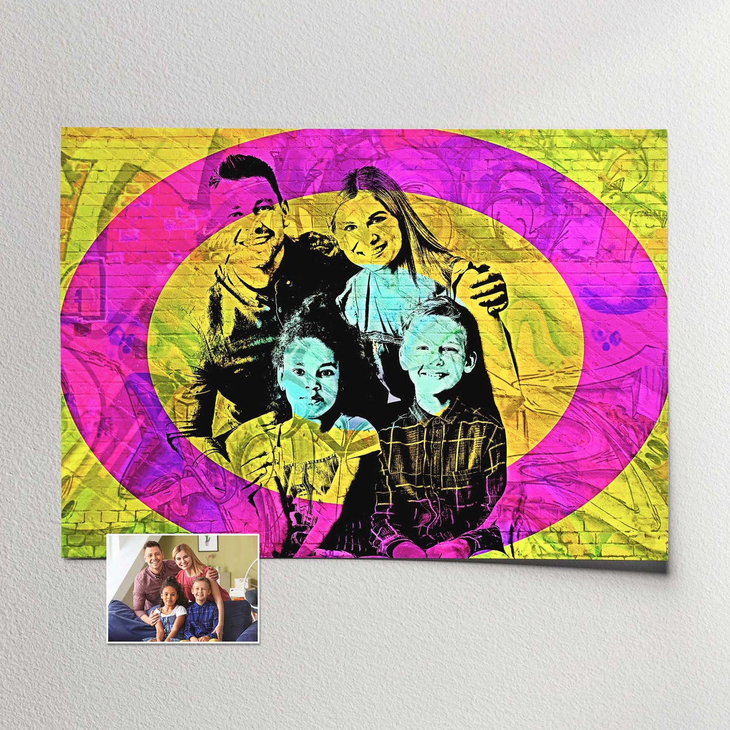 Immortalize your memories with a Personalised Graffiti Street Art Print. Featuring a graffiti street art filter and a real brick effect, this unique wall art showcases vibrant yellow, pink, and blue hues, authentic and bold design