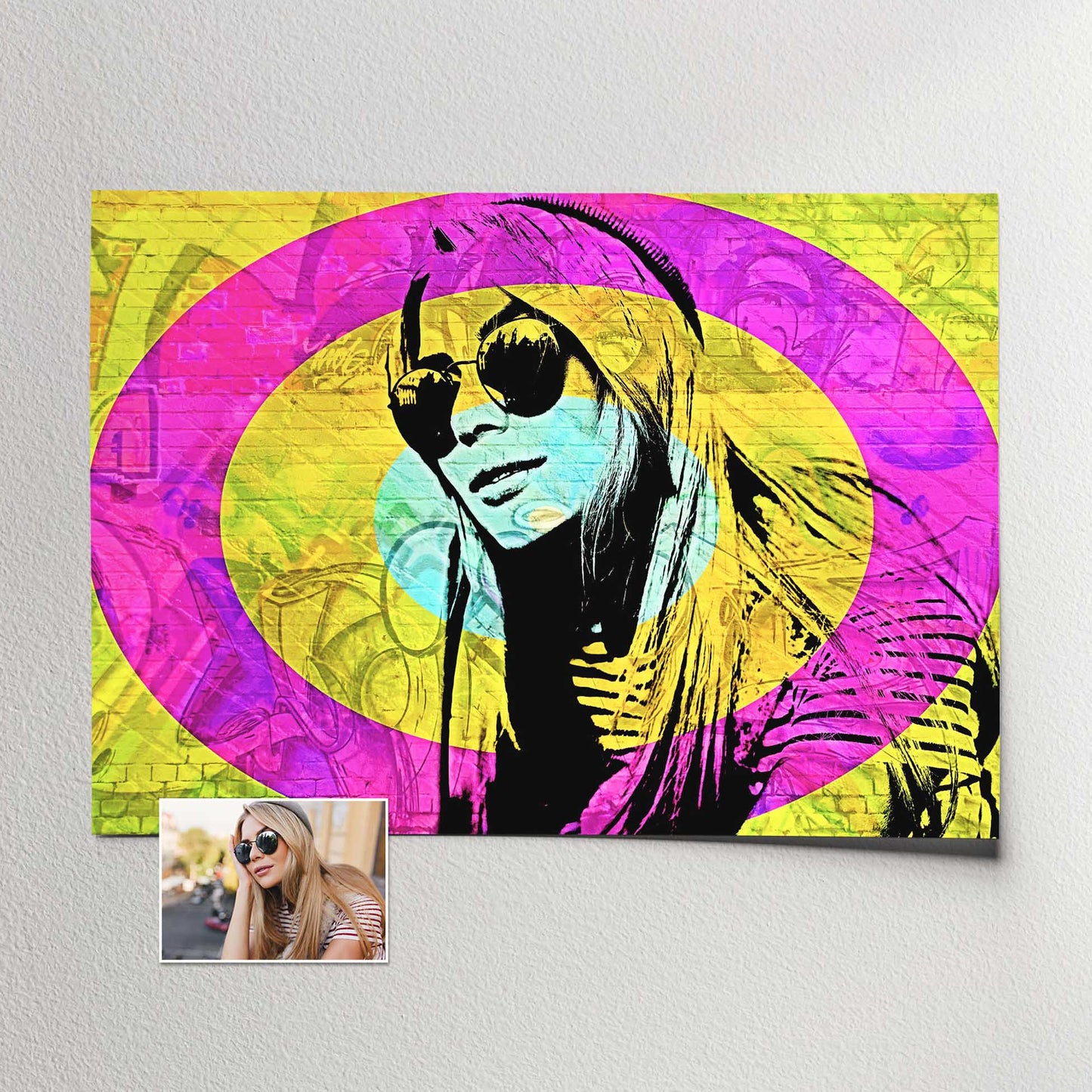 Make a statement with a Personalised Graffiti Street Art Print. The graffiti street art filter and real brick effect bring an authentic and bold touch to your walls. The vibrant yellow, pink, and blue hues create a dynamic and energetic home decor