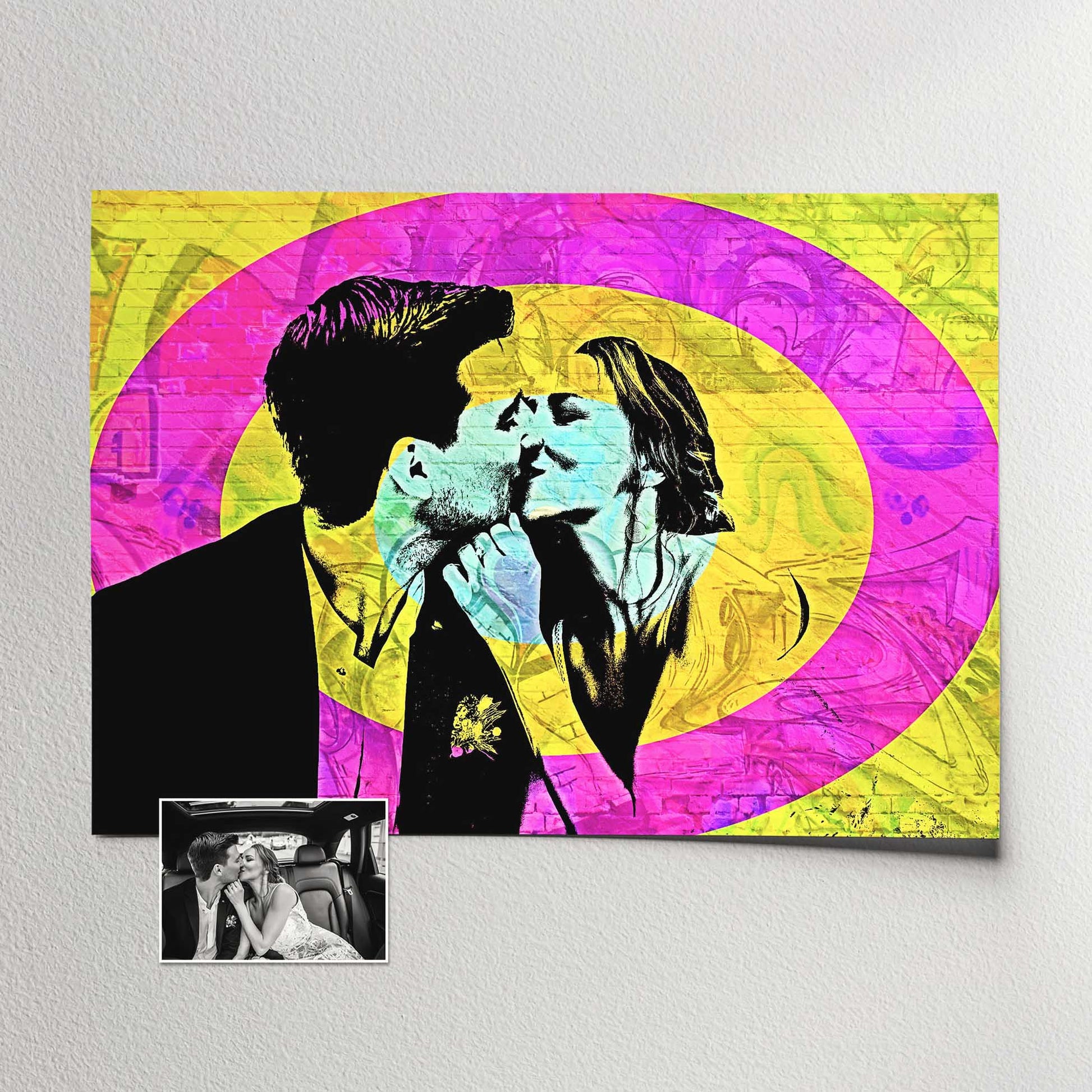 Add an urban edge to your space with a Personalised Graffiti Street Art Print. The graffiti street art filter and real brick effect create a unique and authentic look. The vibrant yellow, pink, and blue hues bring true boldness 