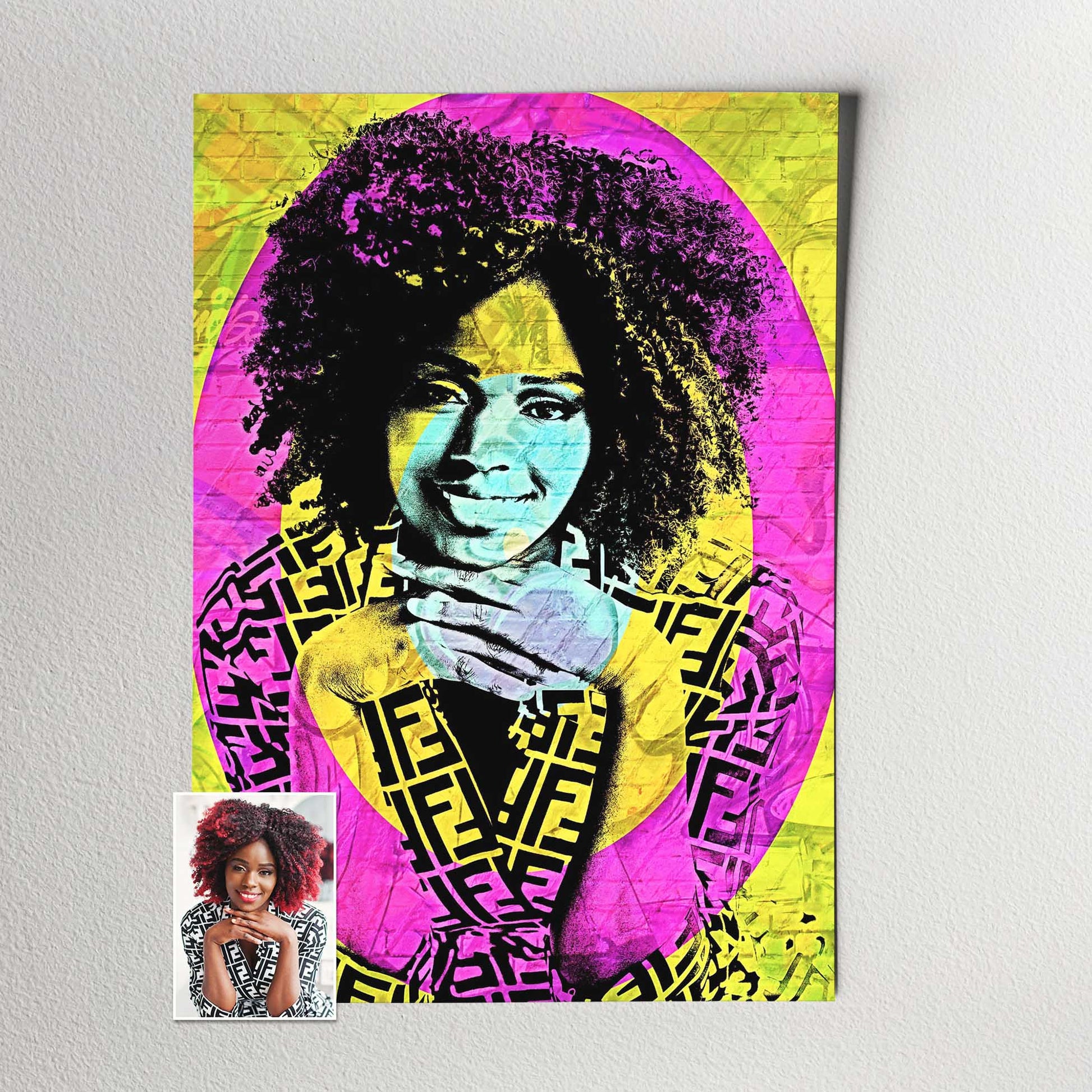 Experience the dynamic world of street art with our Personalised Graffiti Street Art Print. The graffiti street art filter and real brick effect give a true-to-life feel. The yellow, pink, and blue hues create a bold and vibrant atmosphere