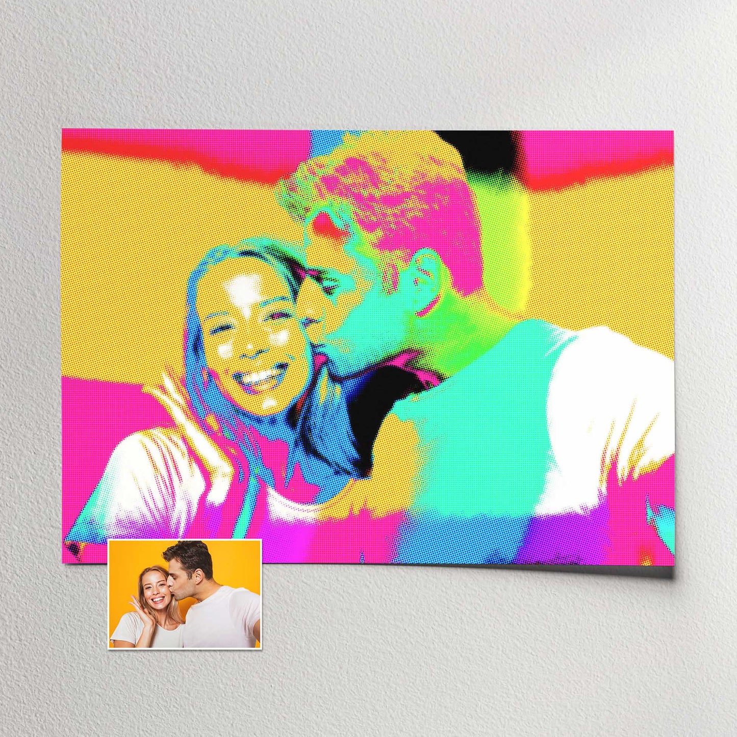 Experience the allure of Personalised Pop Art Print, where boldness meets vibrancy. With its retro halftone effect and pop art filter, this artwork showcases a dynamic and energetic vibe. The vivid pink, orange, green, blue, and purple hues