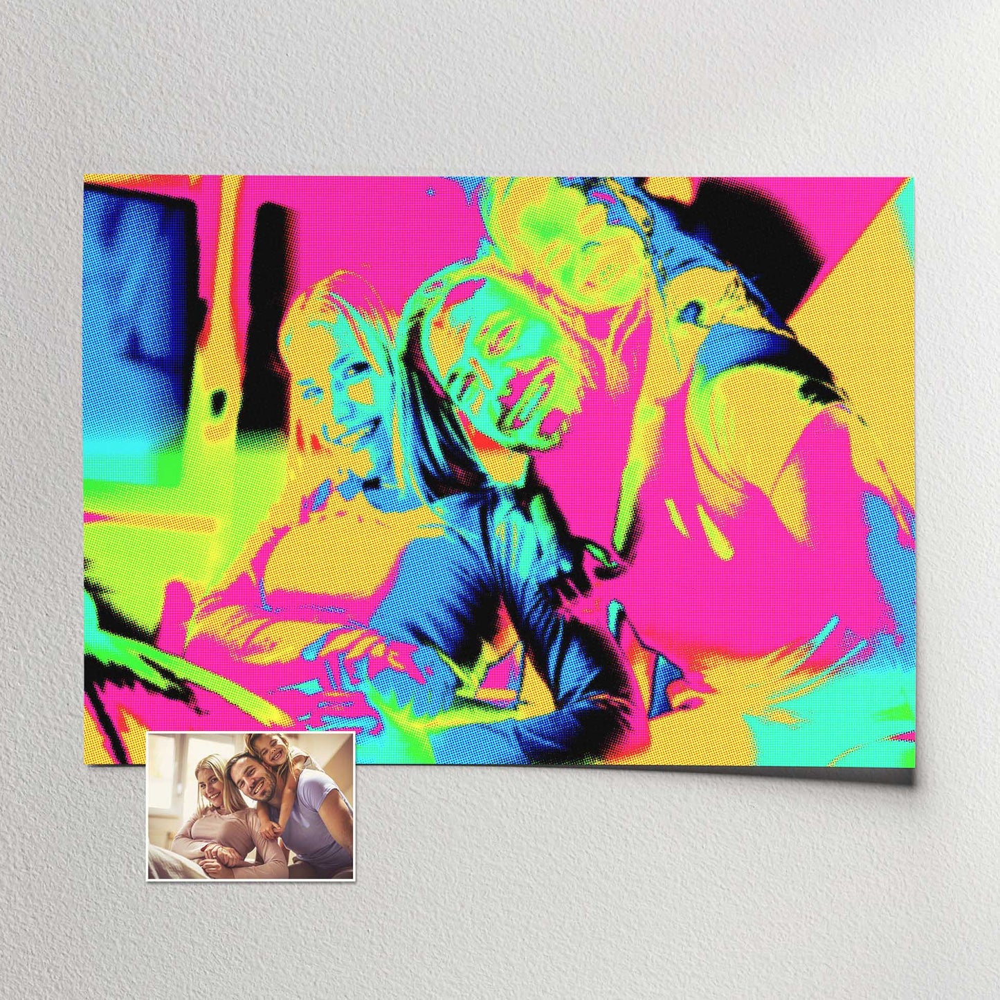 Infuse your space with the essence of boldness and coolness with a Personalised Pop Art Print. Created using a pop art filter and retro halftone effect, this artwork bursts with vibrant colors. The vivid pink, orange, green, blue, and purple