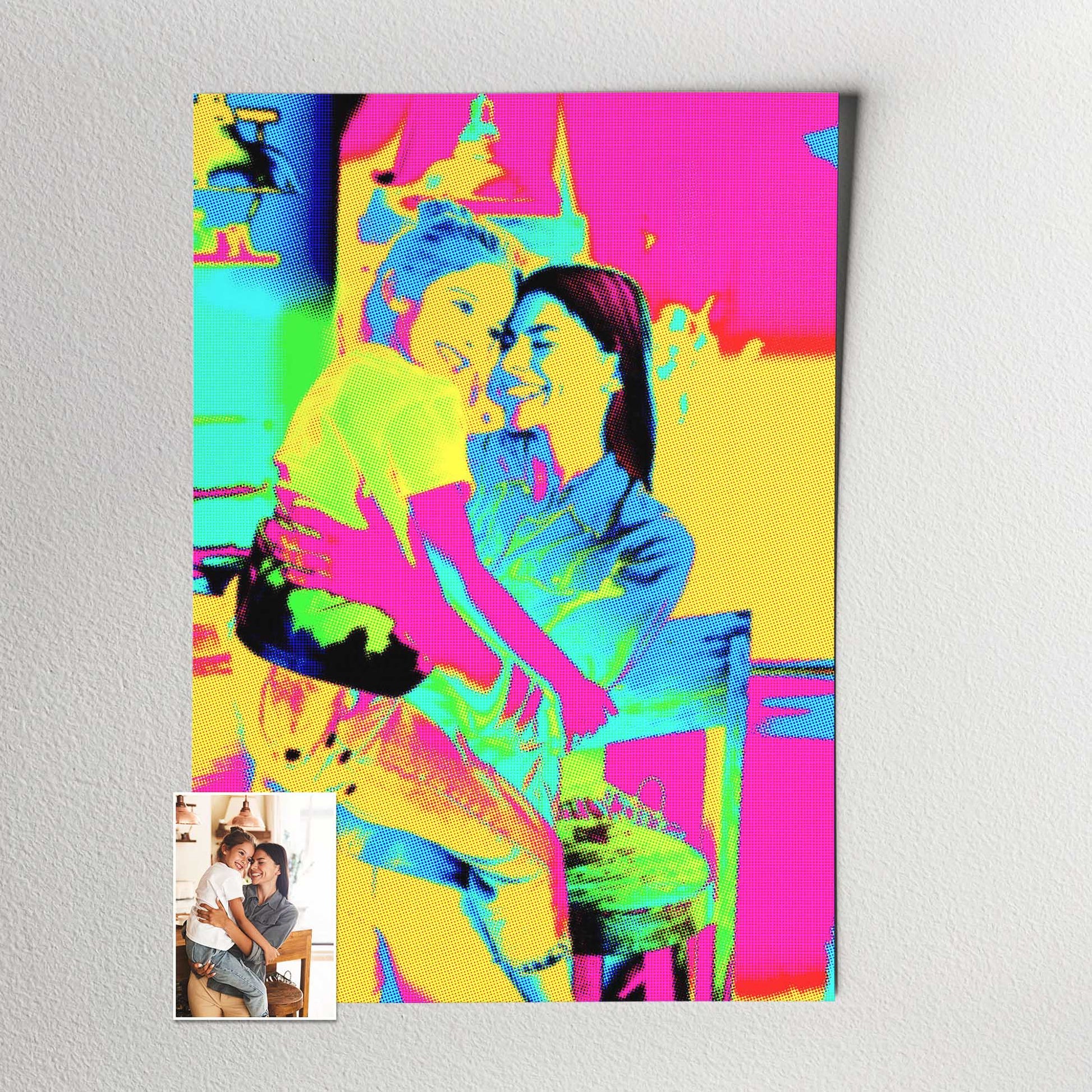 Unleash the power of Personalised Pop Art Print and witness the magic of vibrant colors. This artwork, featuring a retro halftone effect and a pop art filter, is a visual spectacle that captivates the eye, bold pink, orange, green, blue