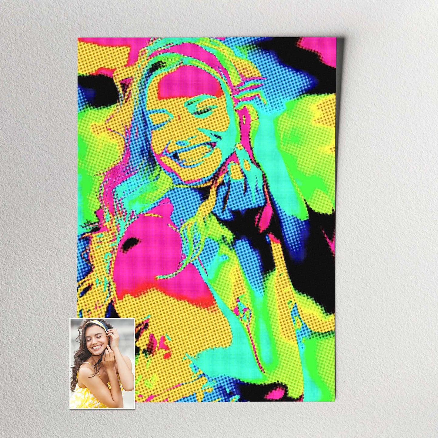 Say 'hello' to your Personalised Pop Art Print! This one-of-a-kind piece takes your photo and runs it through a sizzling, ultra cool pop art filter, transforming it into a retro-inspired masterpiece with bold, vibrant colors and a funky halftone