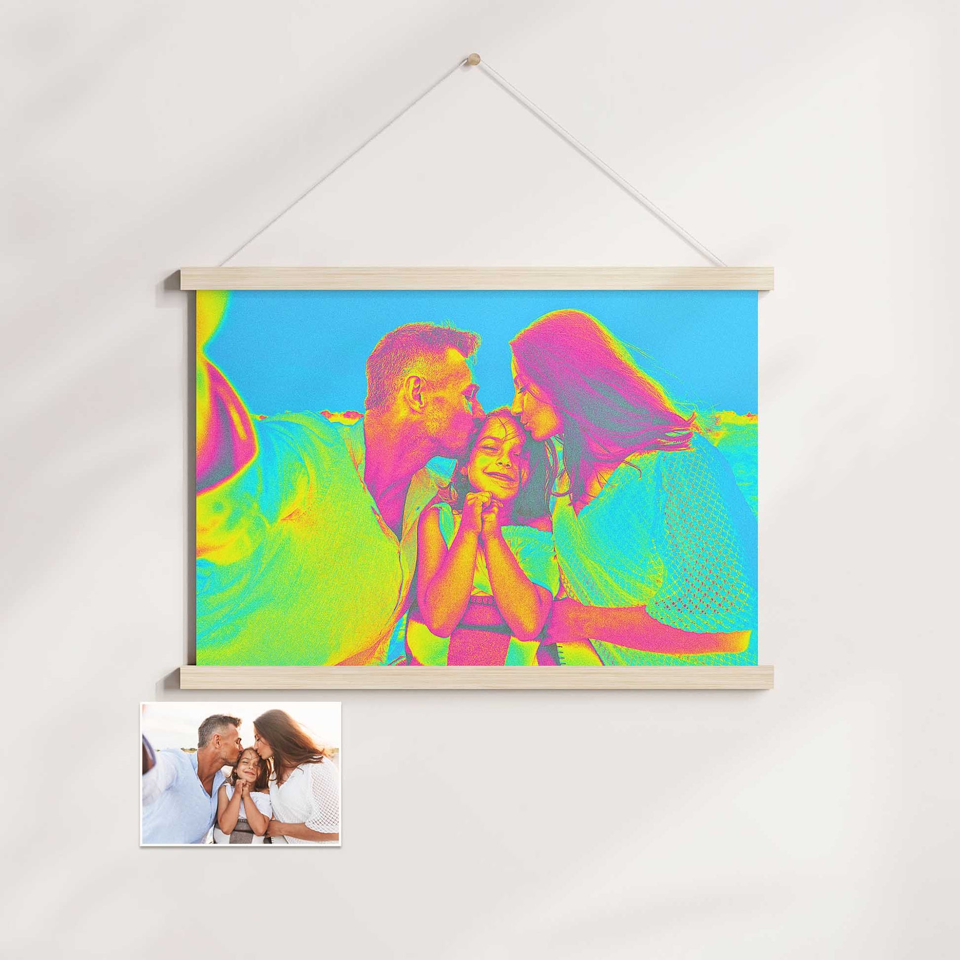Immerse yourself in a world of vibrant imagination with our Personalised Acid Trip Poster Hanger. Transforming your photos into bold, cool artwork, it's available in blue, pink, green, and yellow, with captivating textures